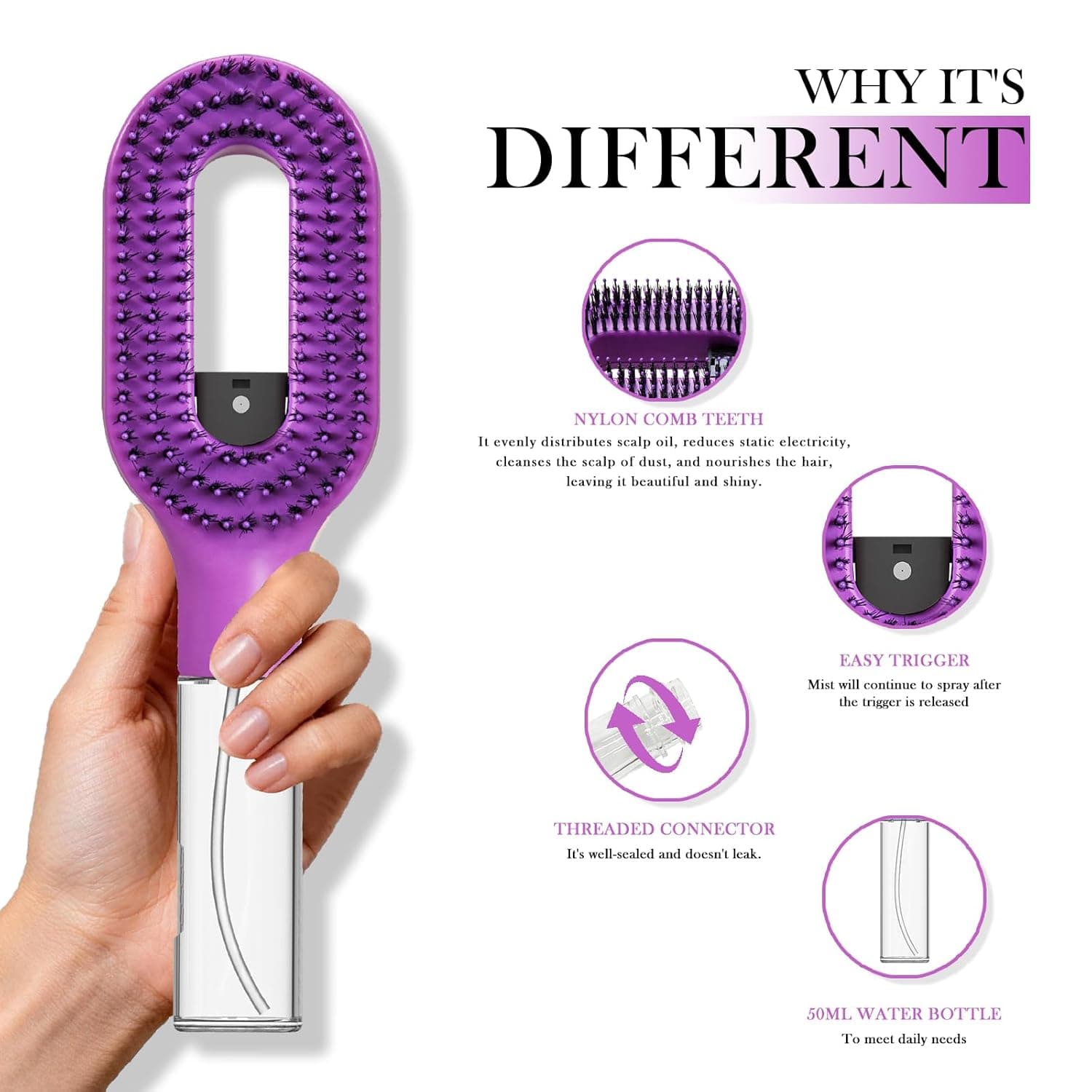 2-in-1 Manual Non-Electric Detangler Hair Brush with Built-In Mister Spray, Wet & Dry Detangling Brush for Curly, Wavy & Straight Hair, No-Tangle Anti-Frizz Brus (Purple)