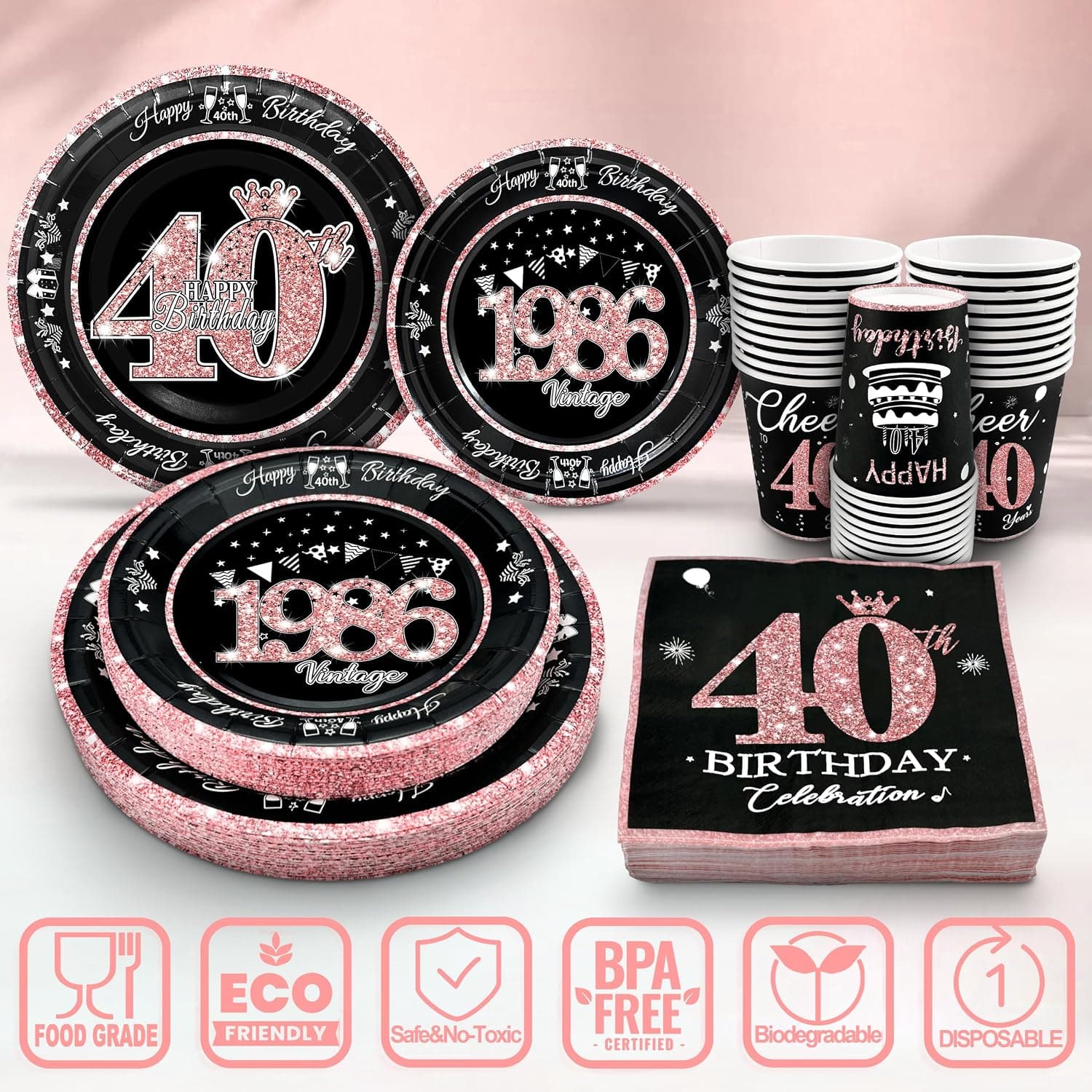 40th Birthday Decorations Rose Gold, Service for 30, Vintage 40th Birthday Party Supplies Includes Rose Gold 1986 Plates, Napkins,Cups, Plates and Napkins for Women