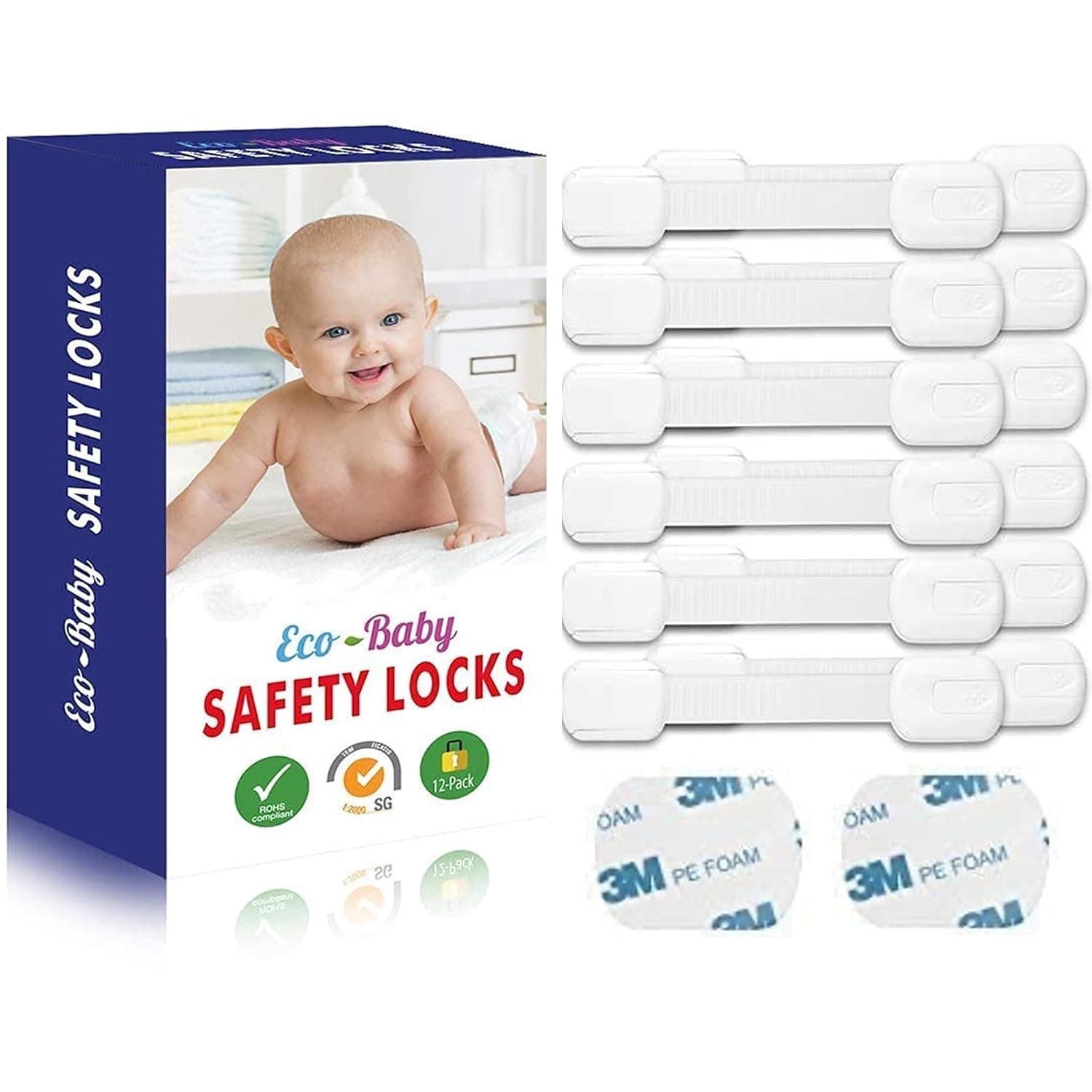 Eco-Baby Safety Cabinet Proofing for Babies - 3M Adhesive Baby Proofing Straps, Refrigerator Lock Straps, Child Proof Locks for Cabinet, Toilet Seat, Cupboard,Door with Easy Installation (12 Pack)
