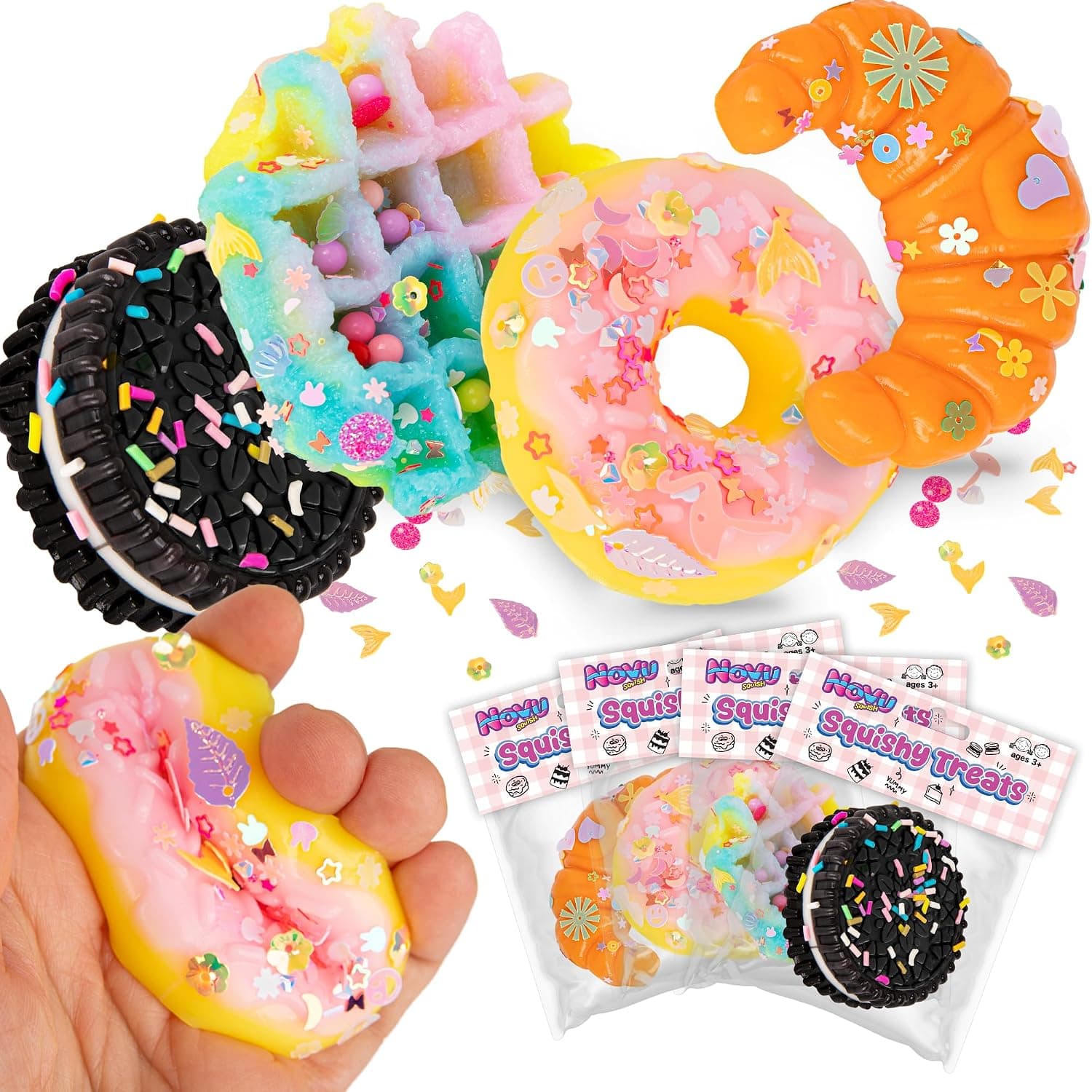 Novu Squishy Treats Fidget Toys for Kids and Adults - 4 Pack - Super Soft Squishy Dessert Include Sandwich Cookie, Donut, Croissant, and Waffle - Squeeze Toys for Stress Relief and Anxiety