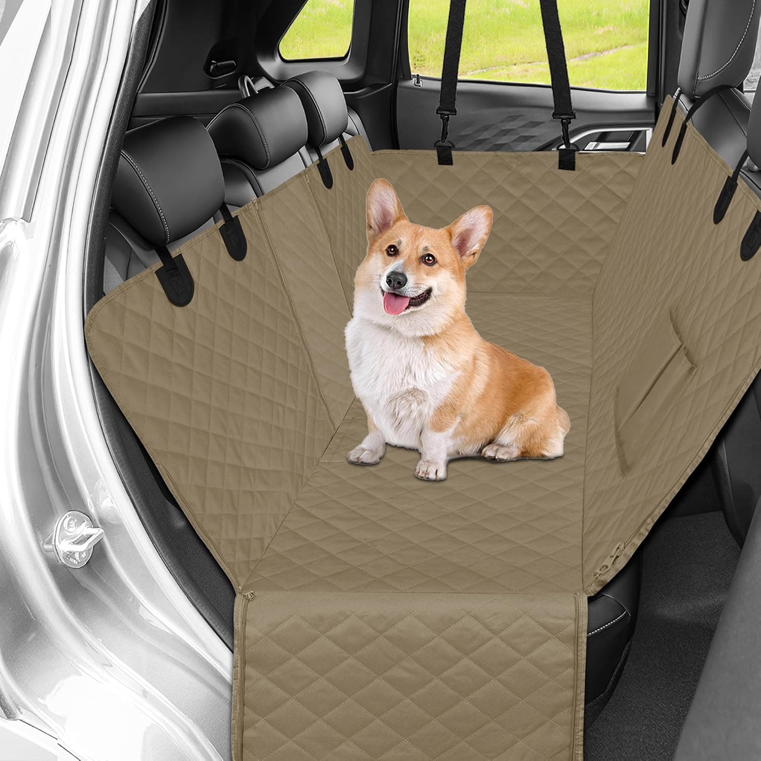 Easy-Going Waterproof Dog Car Seat Cover for Back Seat with Storage Pocket, Leakproof Washable Heavy Duty Scratch Proof Nonslip Durable Protector Covers for Cars Trucks and SUVs (53"x59", Camel)