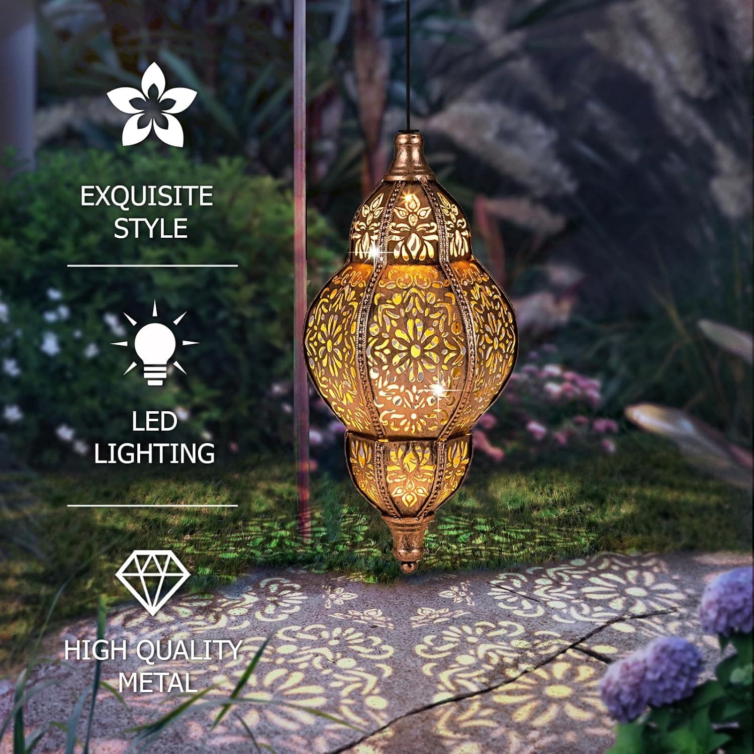 Hanging Solar Lantern Outdoor Decor, 11.5in Moroccan Solar Lights for Outside Garden Decorations, Waterproof Solar Lanterns Garden Gifts for Mom, Women, Patio, Yard Ornament (Copper)