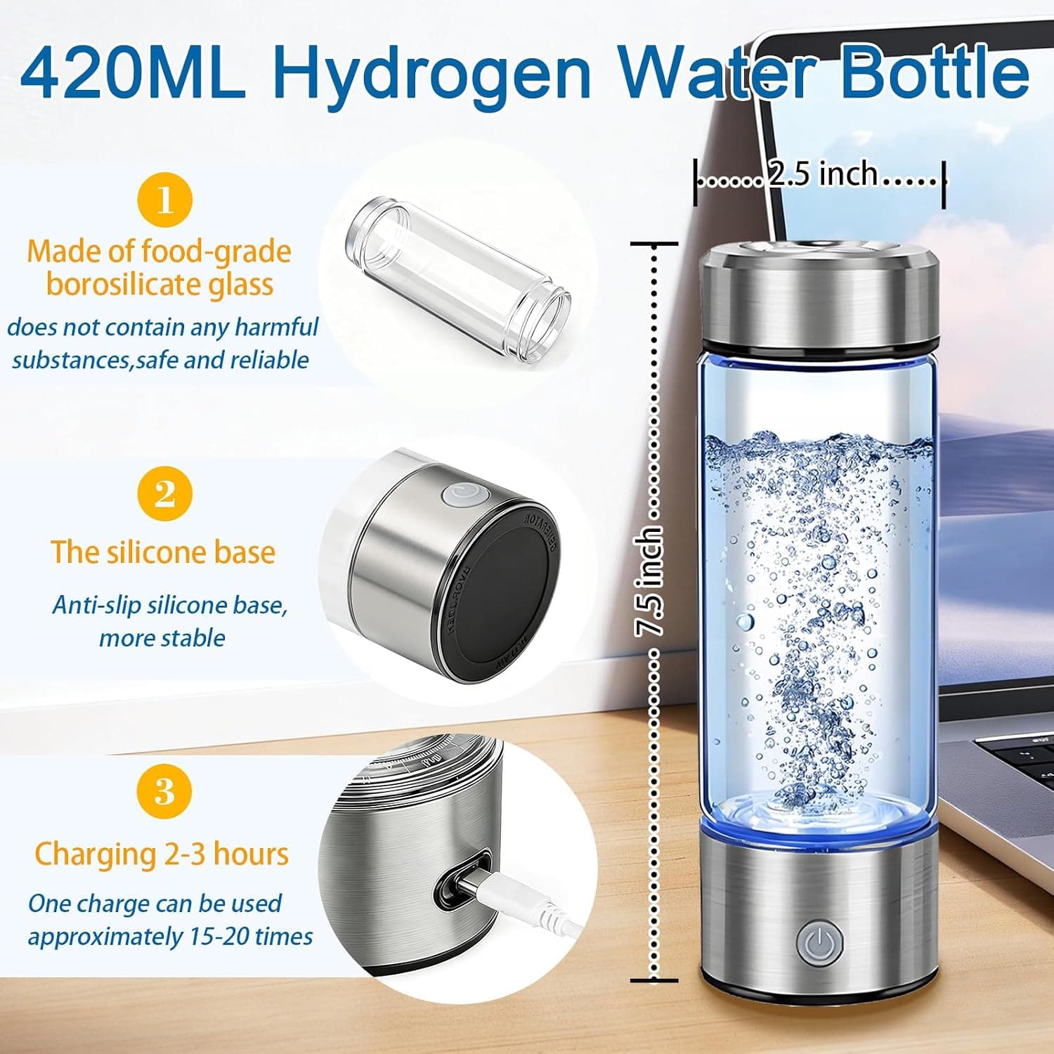 Hydrogen Water Bottle Generator - 14oz Portable Rechargeable Hydrogen Rich Water Maker with SPE/PEM Technology for Home Gym Travel