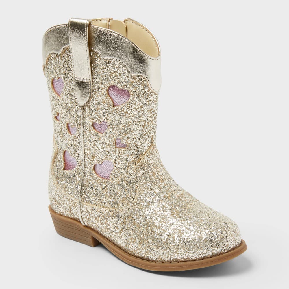 Toddler Dallas Glitter Western Boots - Cat & Jack™ Gold 6T: Zipper Closure, Flexible Outsole, Round Toe