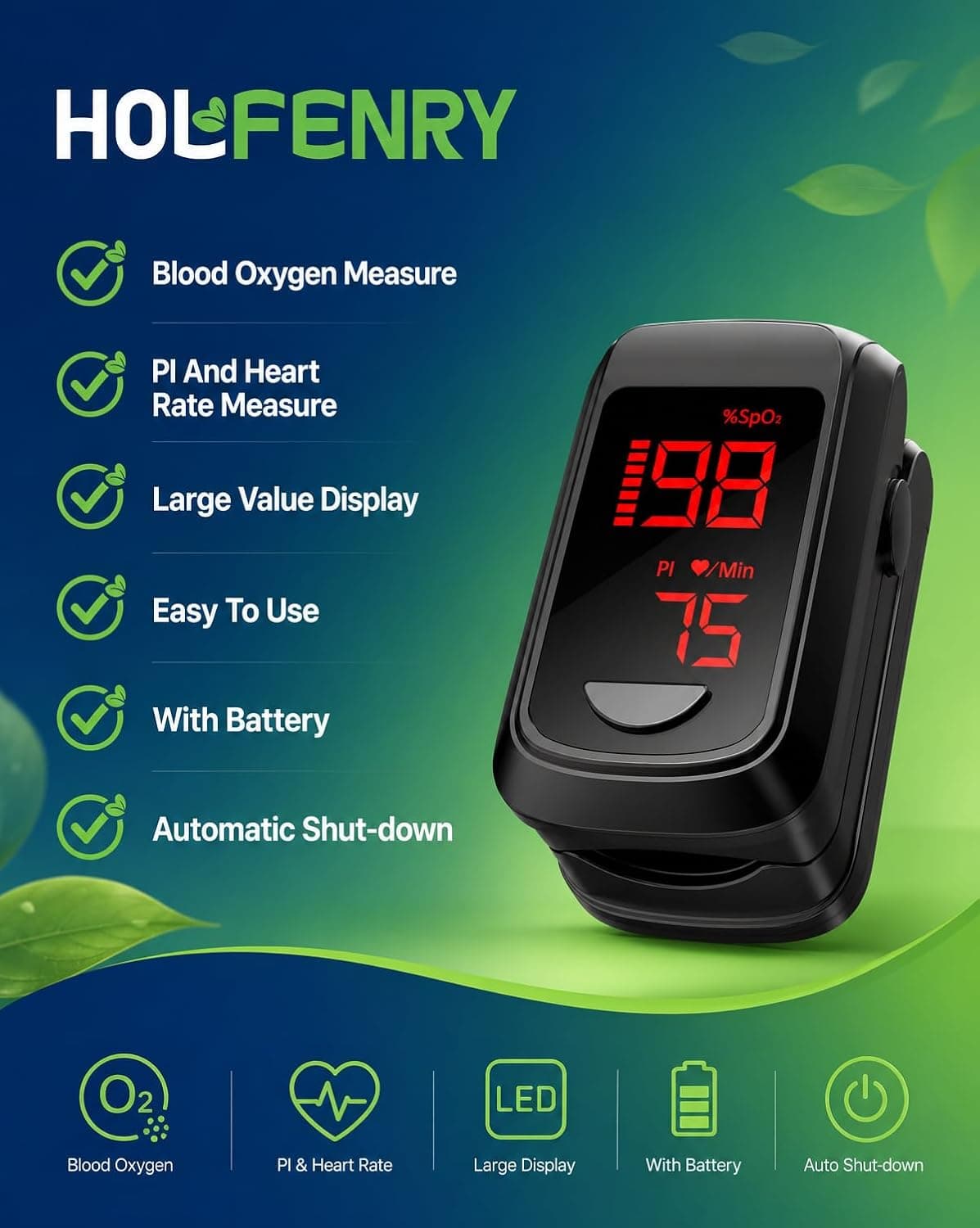 HOLFENRY Pulse Oximeter Fingertip - Large Display Oxygen Monitor Fingertip with Fast 5-8s Reading for SpO2/Heart Rate/PI, Accurate Pulse Ox for Home/Sports/Travel, Batteries & Lanyard Included