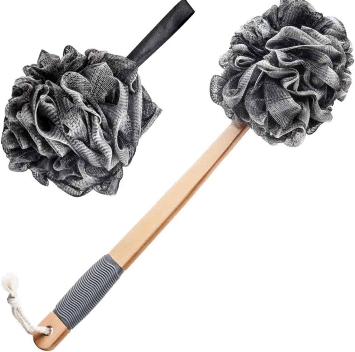 Shower Sponge Loofah Back Scrubber, PE Soft Mesh Loofah Body Scrubber with Long Wooden Handle, Bath Sponge for Men Women