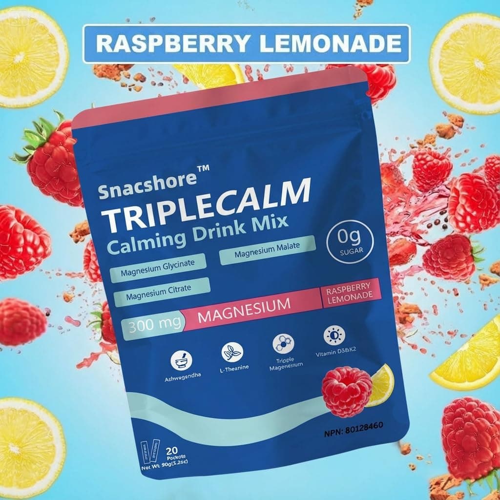 TripleCalm Magnesium Glycinate Calm Drink Mix for Relaxation & Restful Sleep,Triple Magnesium Complex with Ashwagandha,L-Theanine & Vitamin D3 K2,300mg Magnesium,Zero Sugar Raspberry Lemonade,20 Packs