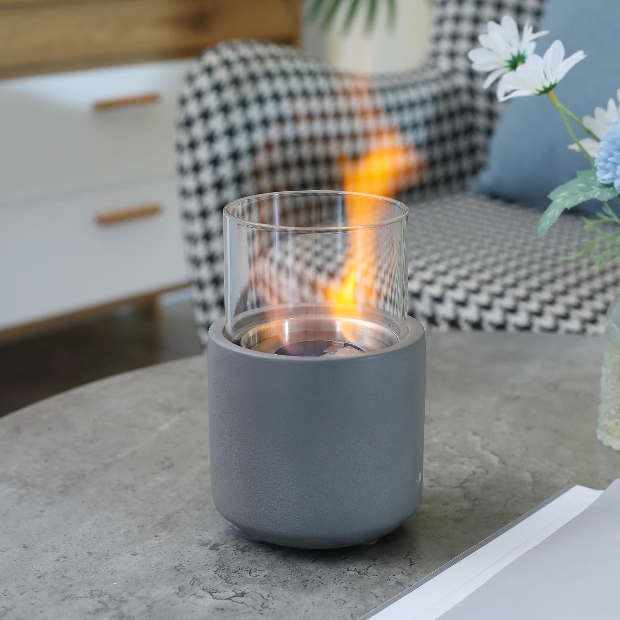 Tabletop Fireplace Mini Concrete Ethanol Fire Bowl with Lid