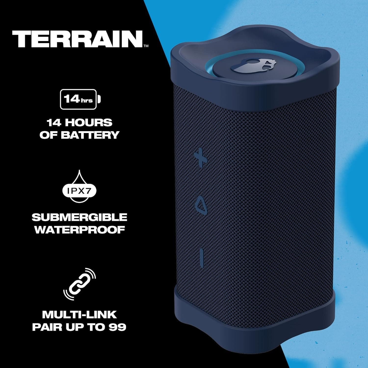 Skullcandy Wireless Terrain XT Bluetooth Speaker - IPX7 Waterproof Portable Terrain Speaker with Dual Custom Passive Radiators, 14 Hour Battery, Nylon Wrist Wrap, & True Wireless Stereo (Navy)