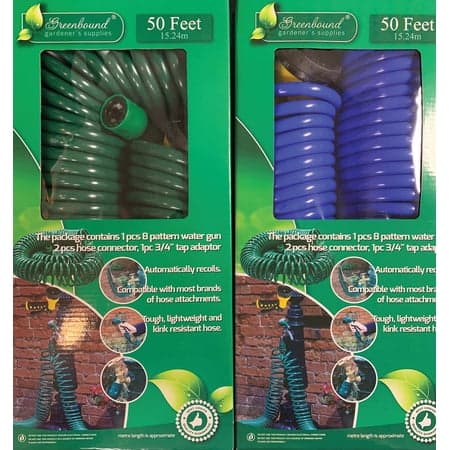 Greenbound Coiled Water Hose Kit 50  x 3/8  with 8 Pattern Sprayer