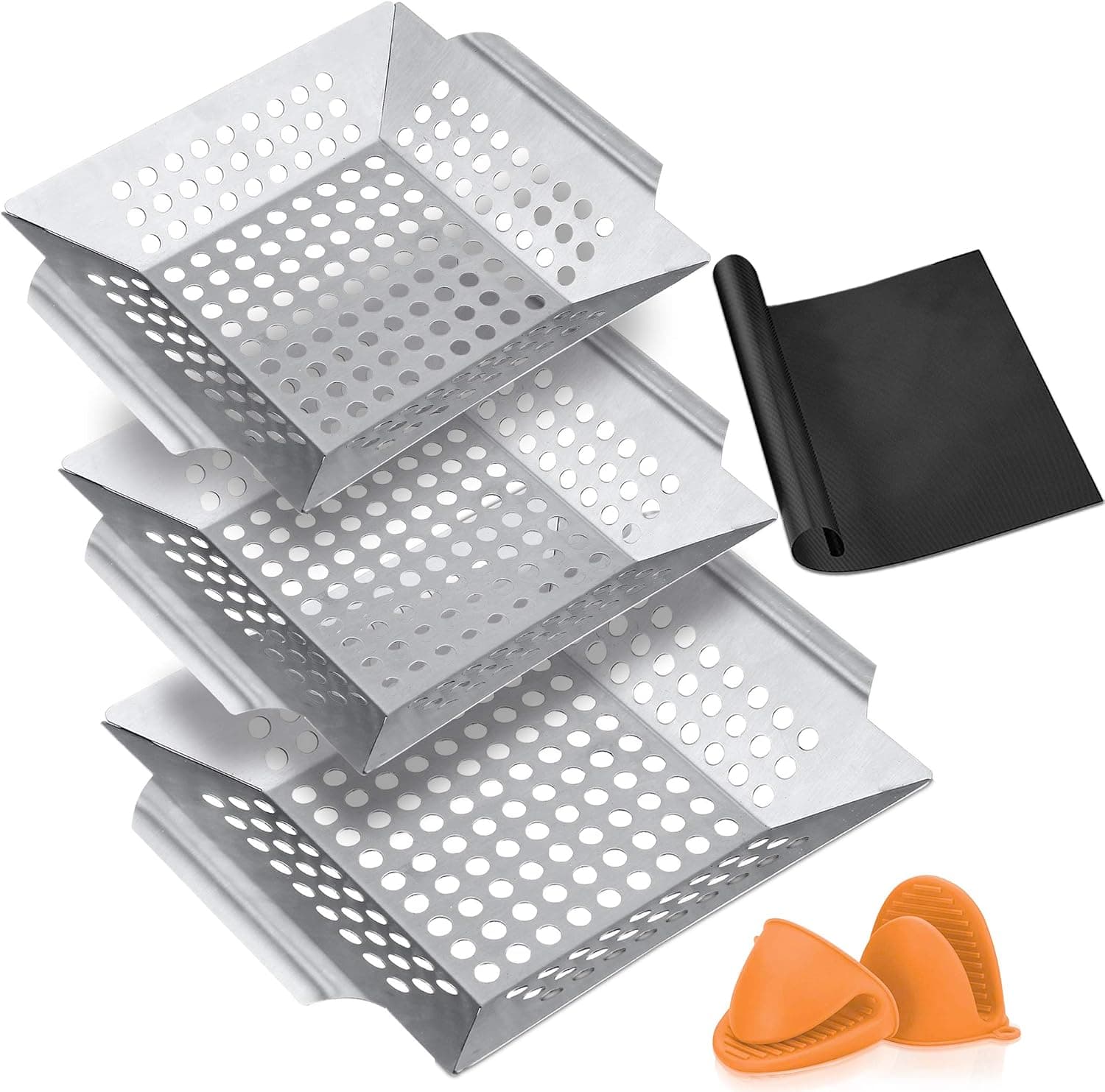 3 Pack Heavy Duty Stainless Steel Vegetable Grill Basket for Outdoor Grill- Kabob Grilling Baskets-BBQ Veggie Grill Pans for Outdoor Grill- Veggie Grill Baskets with Handle- Bonus Grill Mitt,Grill Mat