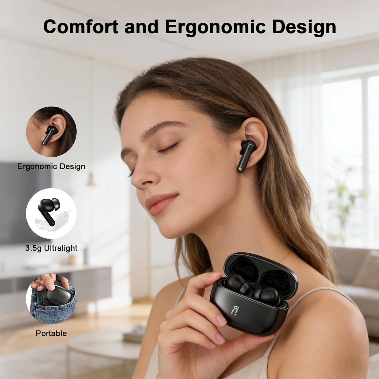 True Wireless Earbuds with Mic,Bluetooth Earphones 5.4 HiFi Stere | Wireless Headphones with Noise Cancelling Mic,IPX7 Waterproof in-Ear Buds With Charging Case,for Smart Phone Laptop Computer