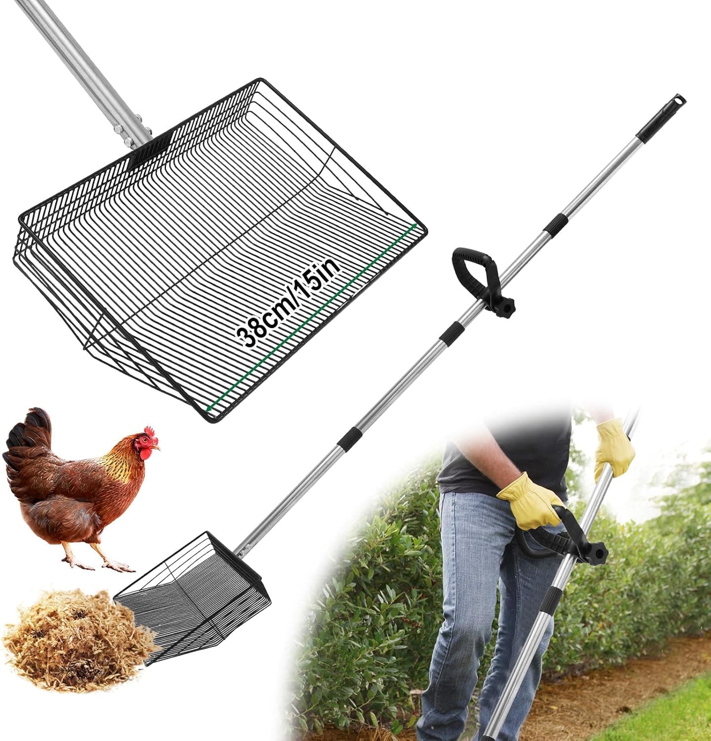 15-inch Chicken Poop Scooper with Ergonomic Grip, Adjustable 24"-63" Handle, 4-in-1 Multifunctional Litter Scoop for Chicken Coop, Goat Stall, Stable, and Pet Waste Cleanup