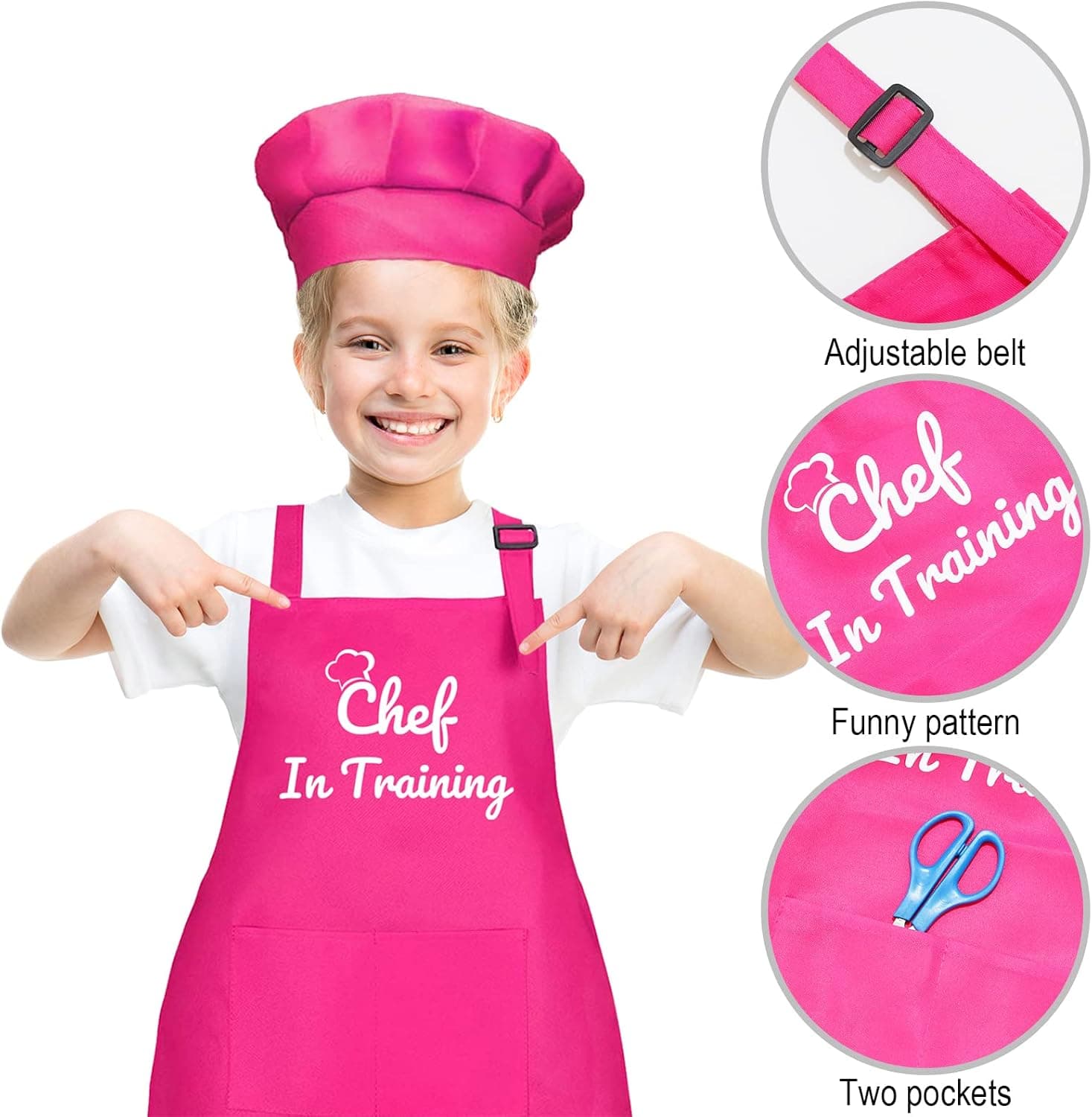 Kids Apron and Chef Hat Set, Chef in Training Funny Child Apron with 2 Pockets Children Adjustable for Boys Girl's Kitchen Cooking Baking Painting Wear，Pink