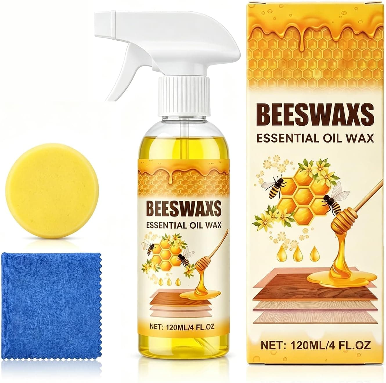 BOVVSKY Beeswax Wood Polish Spray, Bees wax Furniture Polish and Cleaner with Sponge and Towel, Beeswax Essential Oil Wax for Furniture Floors (2) 