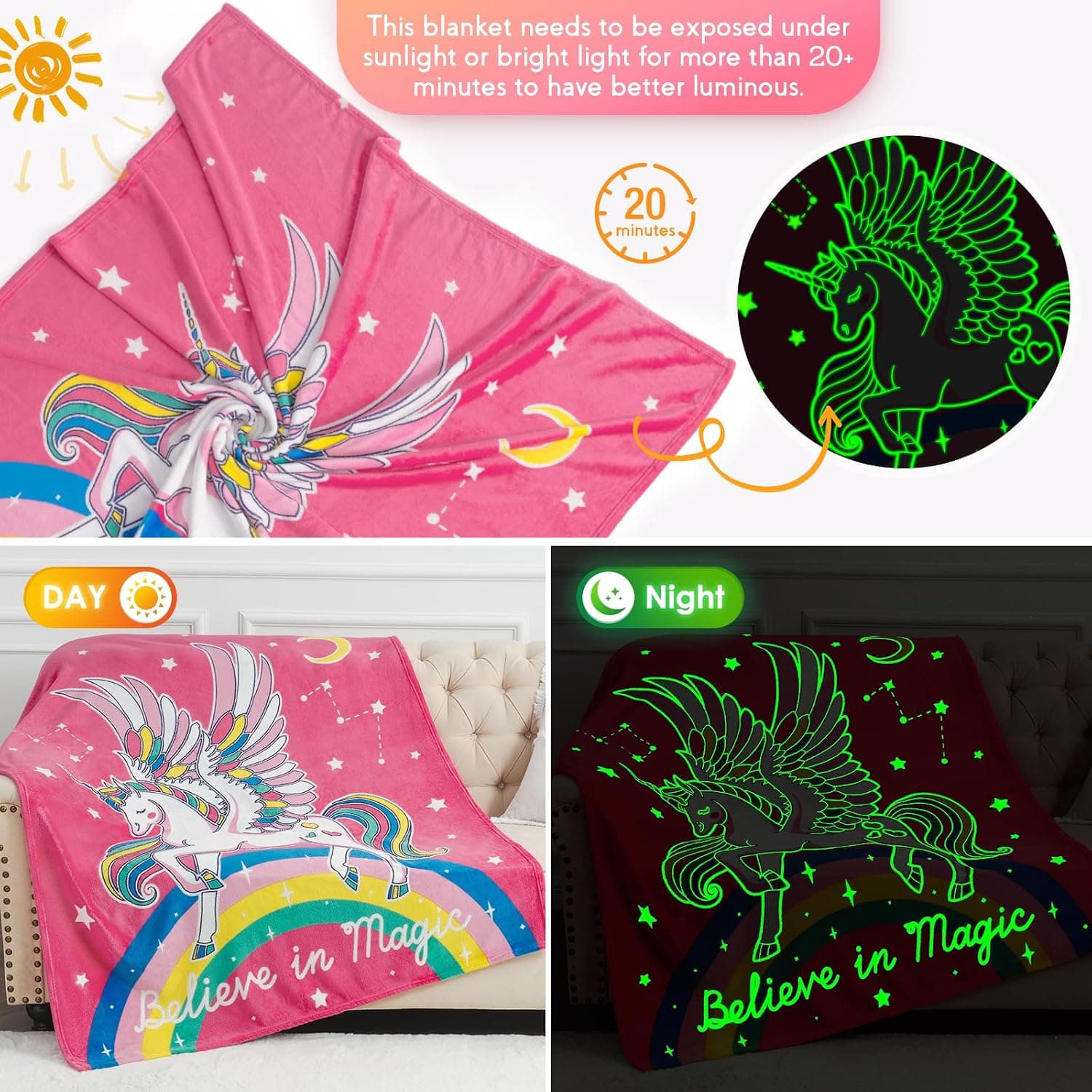 Unicorn Toys Gifts for Girls Glow in the Dark Blanket 50"x 60" | Rainbow Unicorn Blanket Throw Birthday Valentines Easter Christmas for Girls 1-18 Years Old