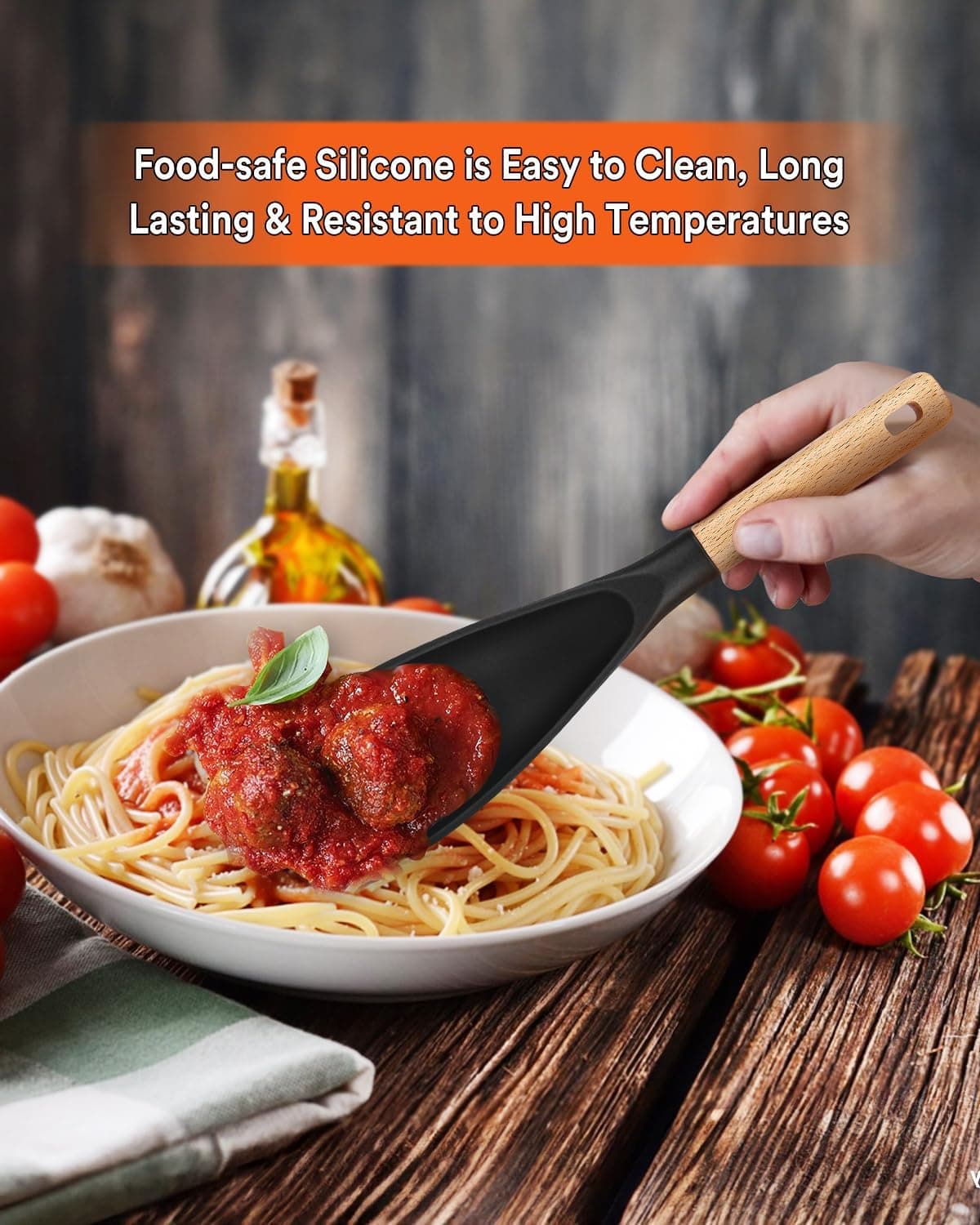 Cooking Spoon for Nonstick Cookwares, Great for Cooking and Serving Sturdy BPA-Free Matte Silicone, Wood Handle Spoon for Mixing, Scoop, and Scrape Black, 11.4 inch)