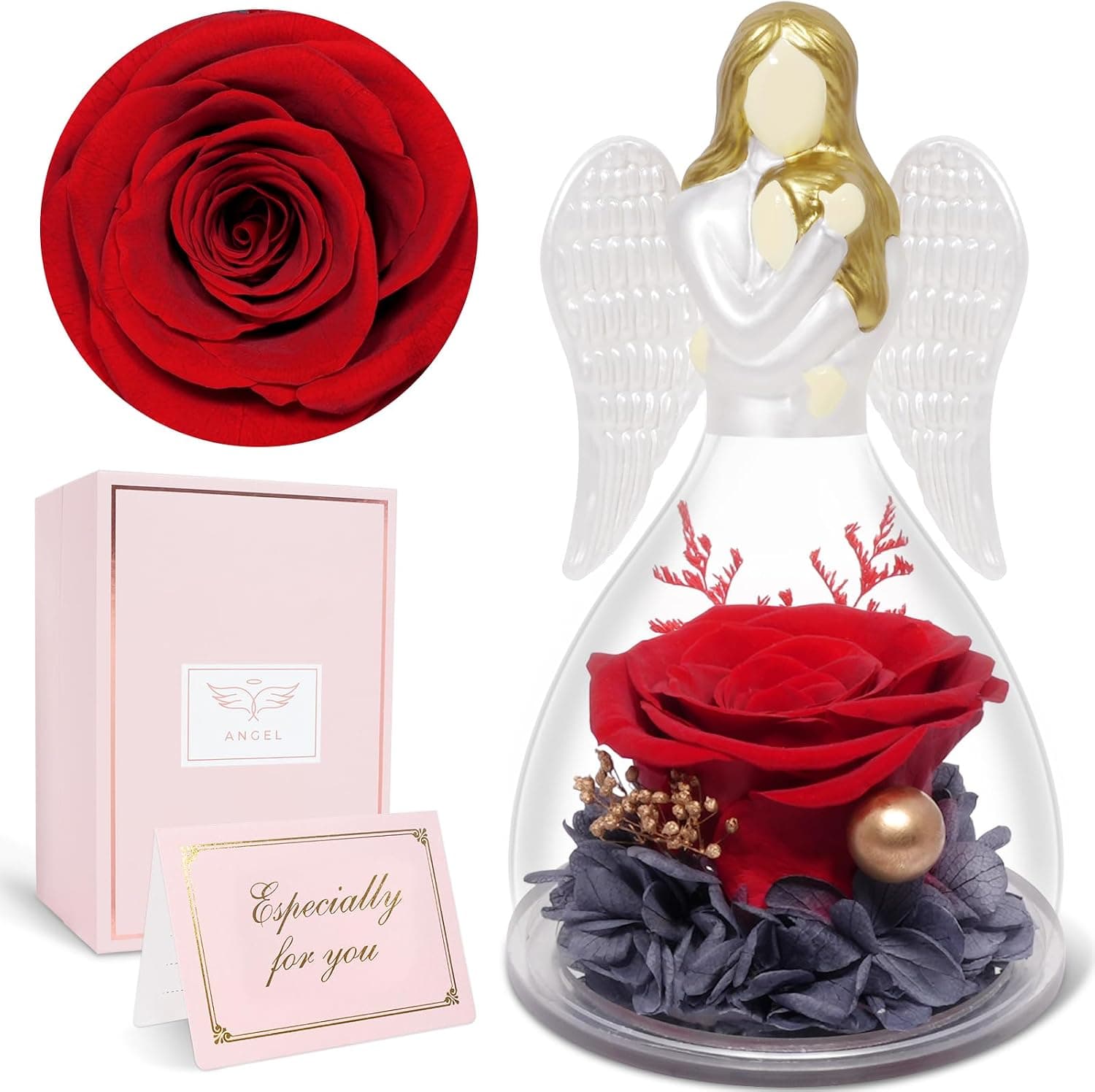 Yamonic Preserved Flowers Real Rose Mom Birthday Gifts for Mom,Glass Angel Figurines Rose Gift for Mom Women Her Wife Mother on Mothers Day Christmas Thanksgiving Gift for Mom from Daughter Gifts(Red)