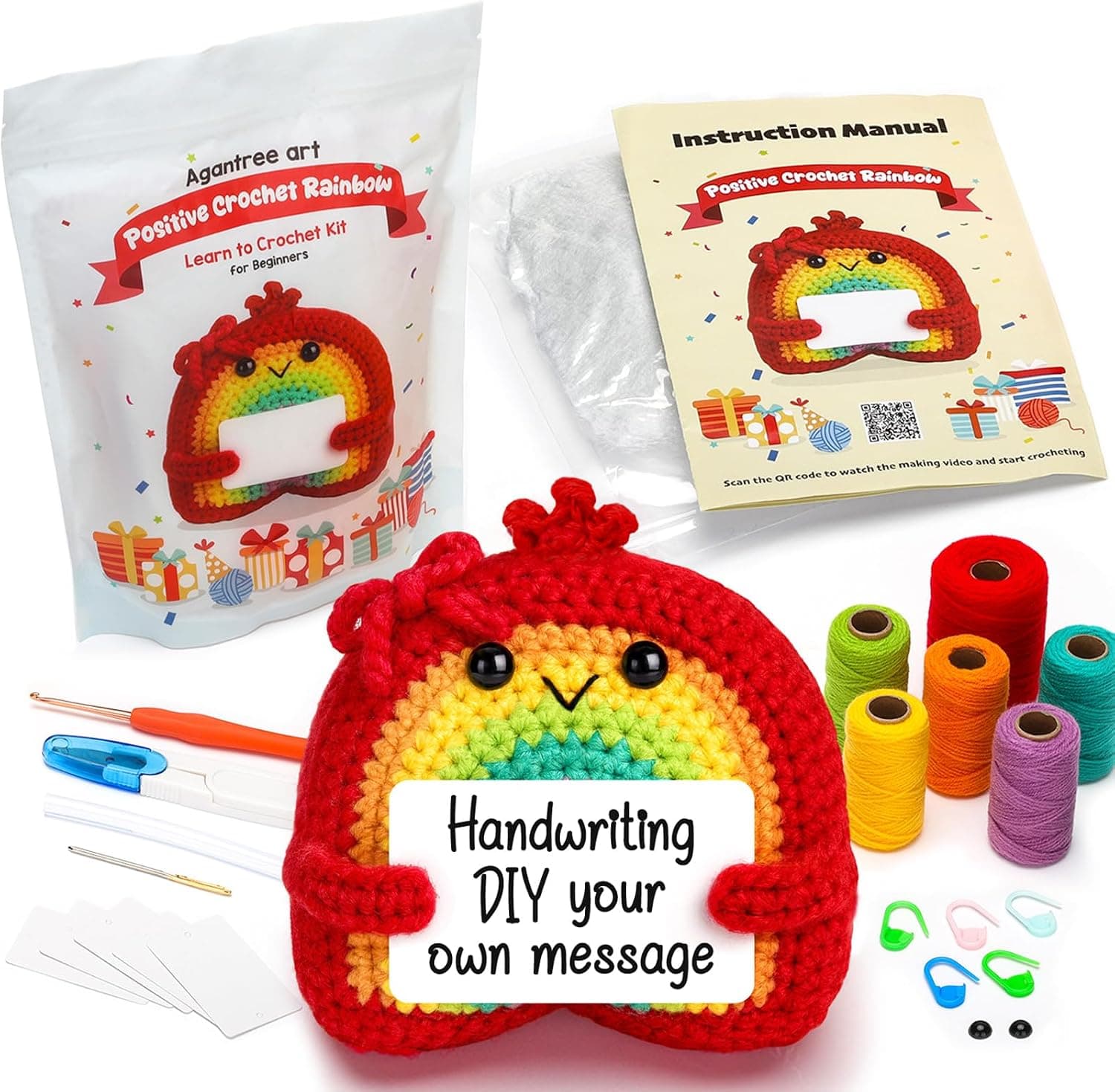 Agantree art Crochet Kit for Beginners Kids Teens Adults Rainbow Crochet Kits with Step-by-Step Video Tutorials, DIY Custom Gifts Birthday Christmas for Girls Friends Women (40%+ Yarn)