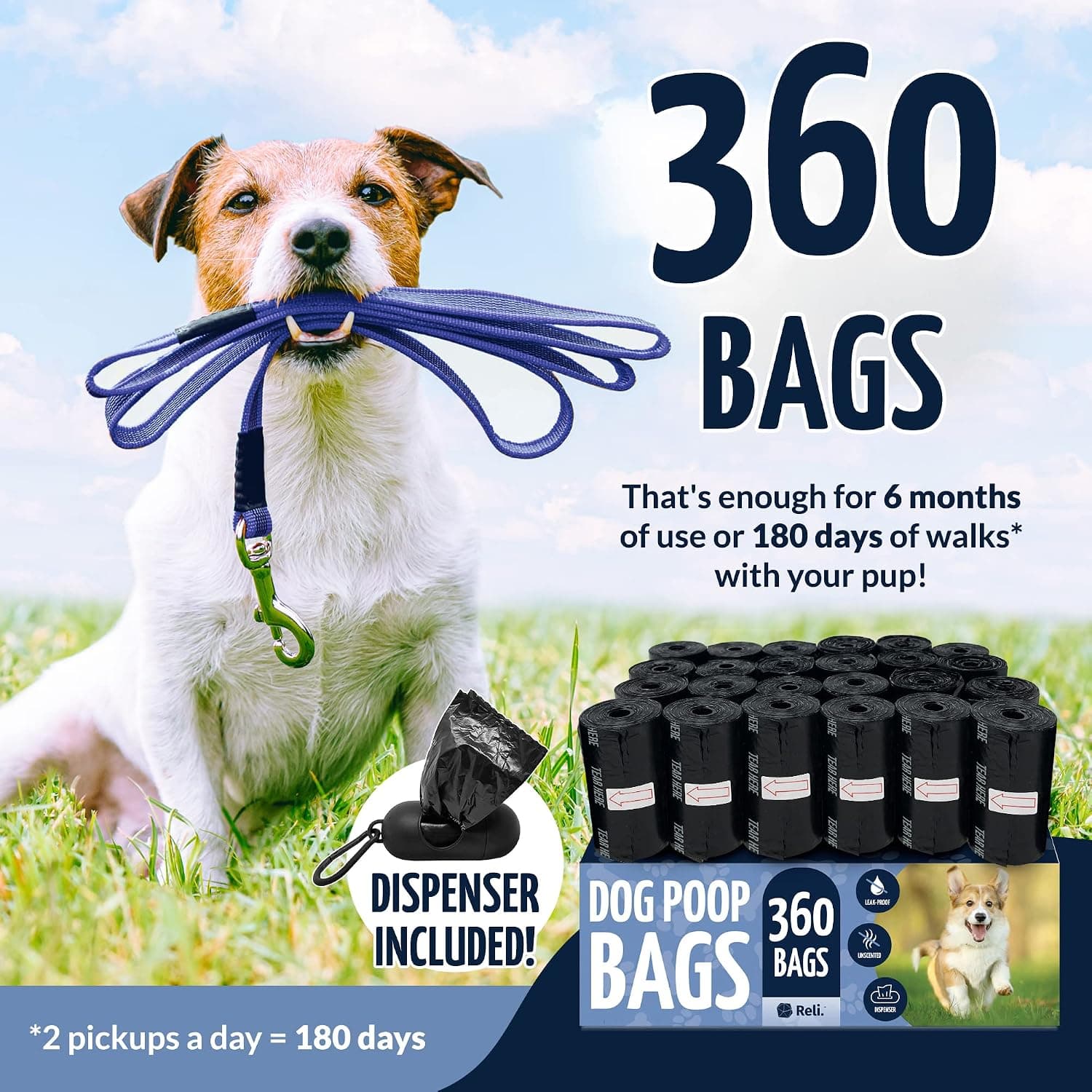 Reli. Dog Poop Bags w/Holder (360 Pack - 24 Rolls) | Leash Clip Dispenser | 9x13" Large Dog Bag for Poop | Unscented, Leak Proof | Black Pet Waste Carrier Refills w/Clip Dispenser