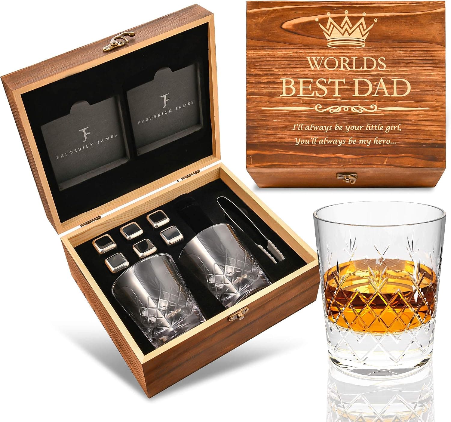 FJ FREDERICK JAMES Gifts for Dad from Daughter - Engraved 'Worlds Best Dad. You'll Always be my Hero' Whiskey Glass Set I Dad Birthday Gift I Dad Gifts from Daughter