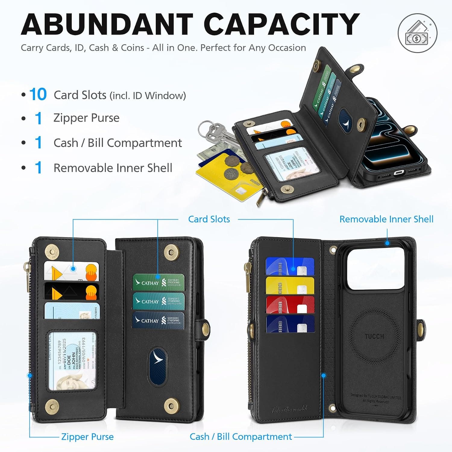 TUCCH Crossbody Detachable Wallet Case for iPhone 17 Pro Max (6.9"), Black | 10 Card Slots, RFID Blocking, Wireless Charging, Kickstand, Zipper Pocket, Wrist Strap, Shockproof TPU, Folio Flip Cover