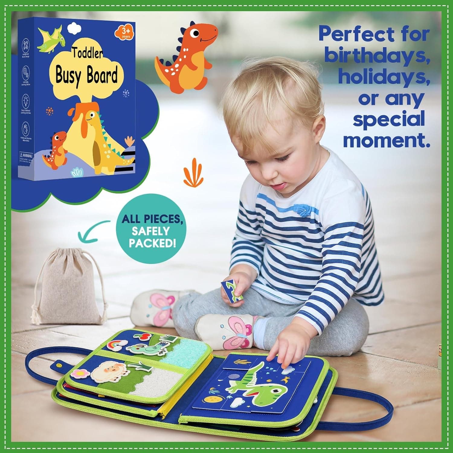 Toddler Sensory Busy Board: Travel Toy Activity Book for Girls Boys, Motor Skill Development Gift for Baby Aged 3-4 Years, Fine Educational Preschool Montessori Learning Toy for Car Airplane (pinkDinosaur)