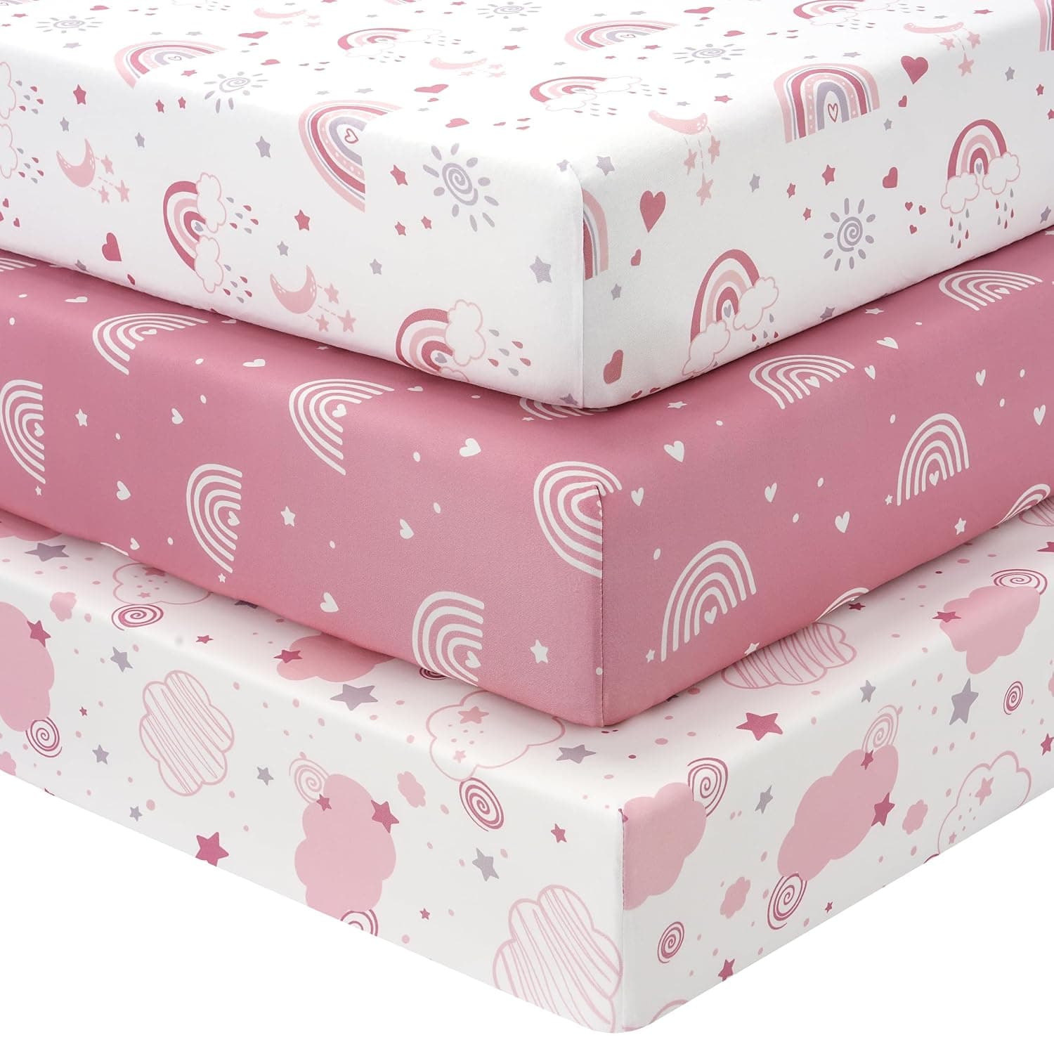 Pack and Play Sheets Fitted, Mini Crib Sheets Girl 38” x 26” Compatible with Graco Pack n Play and Portable Playard Mattress Pads, 3-Pack Soft Microfiber Pink Rainbow