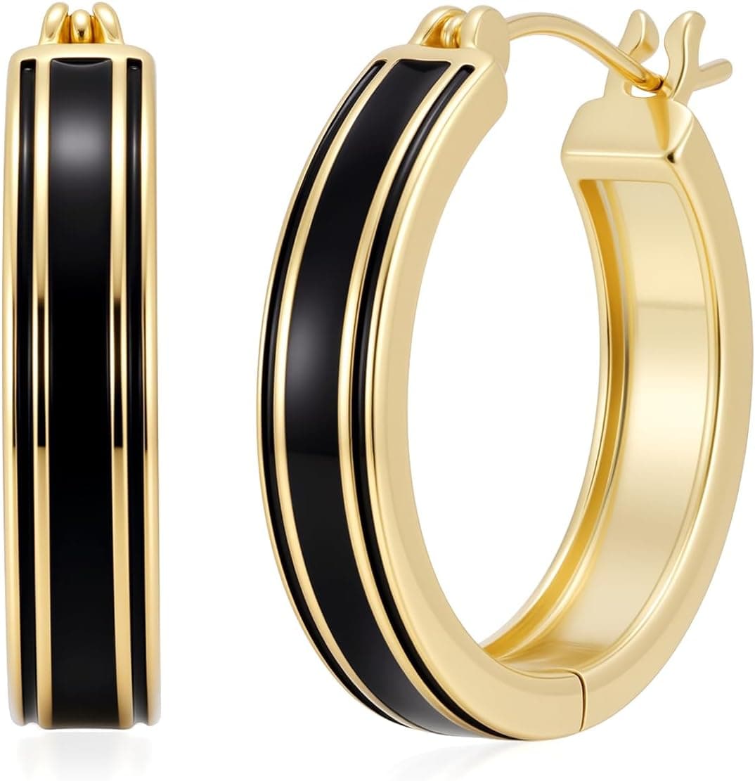 Gold Plated Hoop Earrings for Women 14K Gold Black and Gold Earrings Women's Hoops Earring Trendy Hypoallergenic Earrings for Womens 25mm
