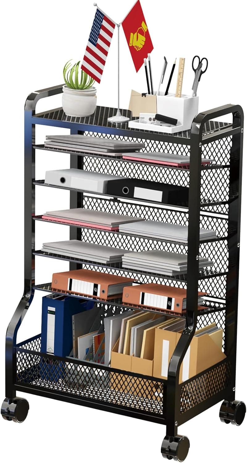 Rolling Cart Storage Organizer File Folder Rolling File Cart Under Desk 7-Tier Standing File Organizer on Wheels Mesh Paper Letter Sliding Trays for Home Office Study