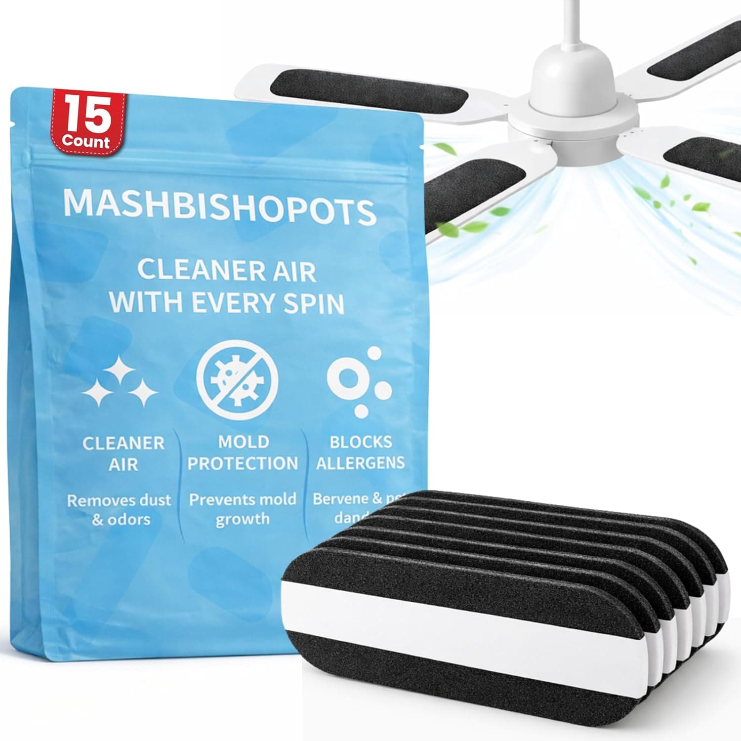 ceiling fan filters for blades, Activated Carbon Air Purifier Pads, Secure Mounting Base with Hook and Loop Attachment, Trap Dust, Odors and Allergens, Universal Fit, Reusable (15 Count)