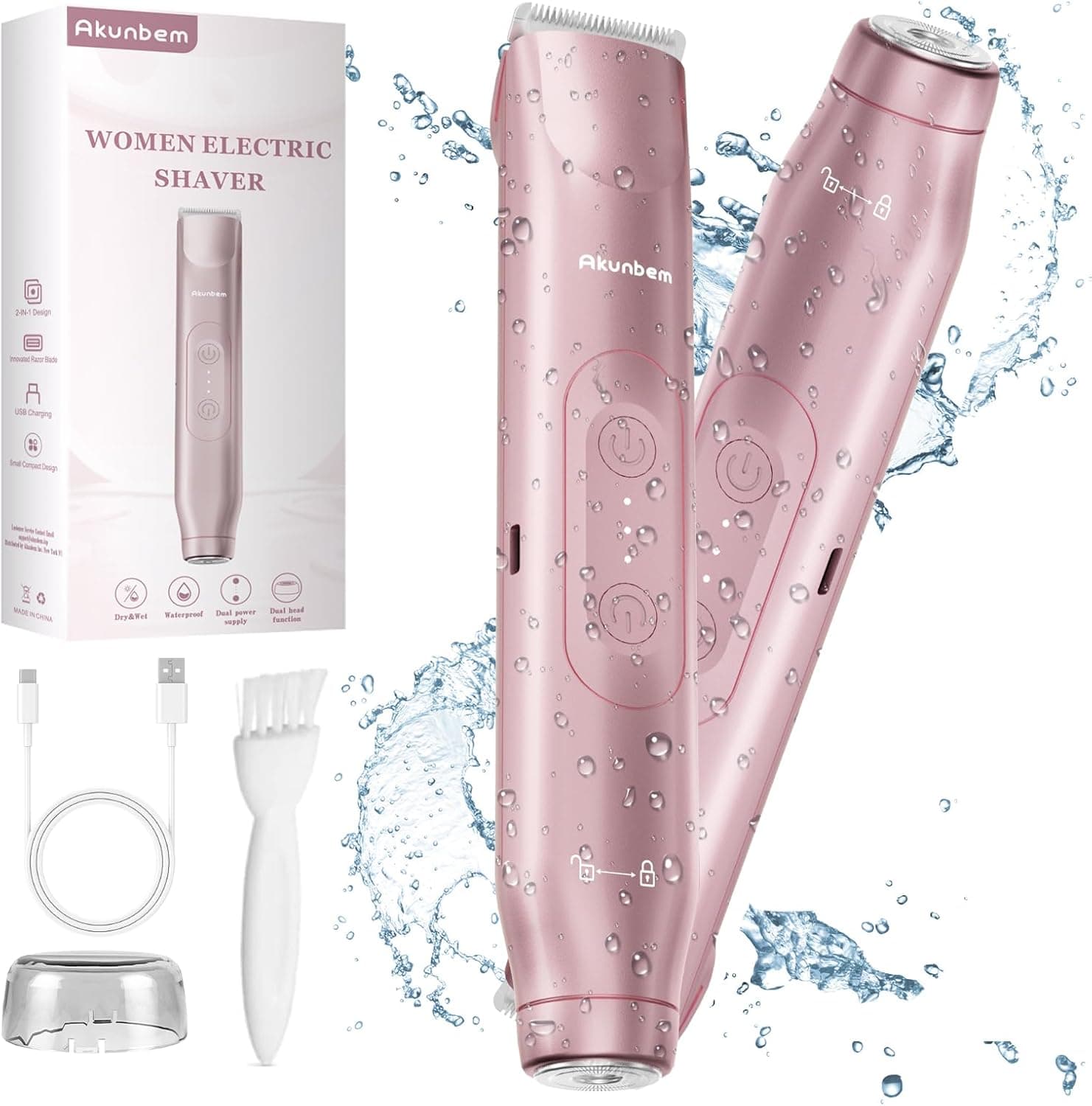 Akunbem Bikini Trimmer for Women 2 in 1 Electric Razors for Women | Dual Head Electric Shaver IPX7 Wet & Dry Body Hair Trimmer Facial Hair Remover for Underarm Leg Arm