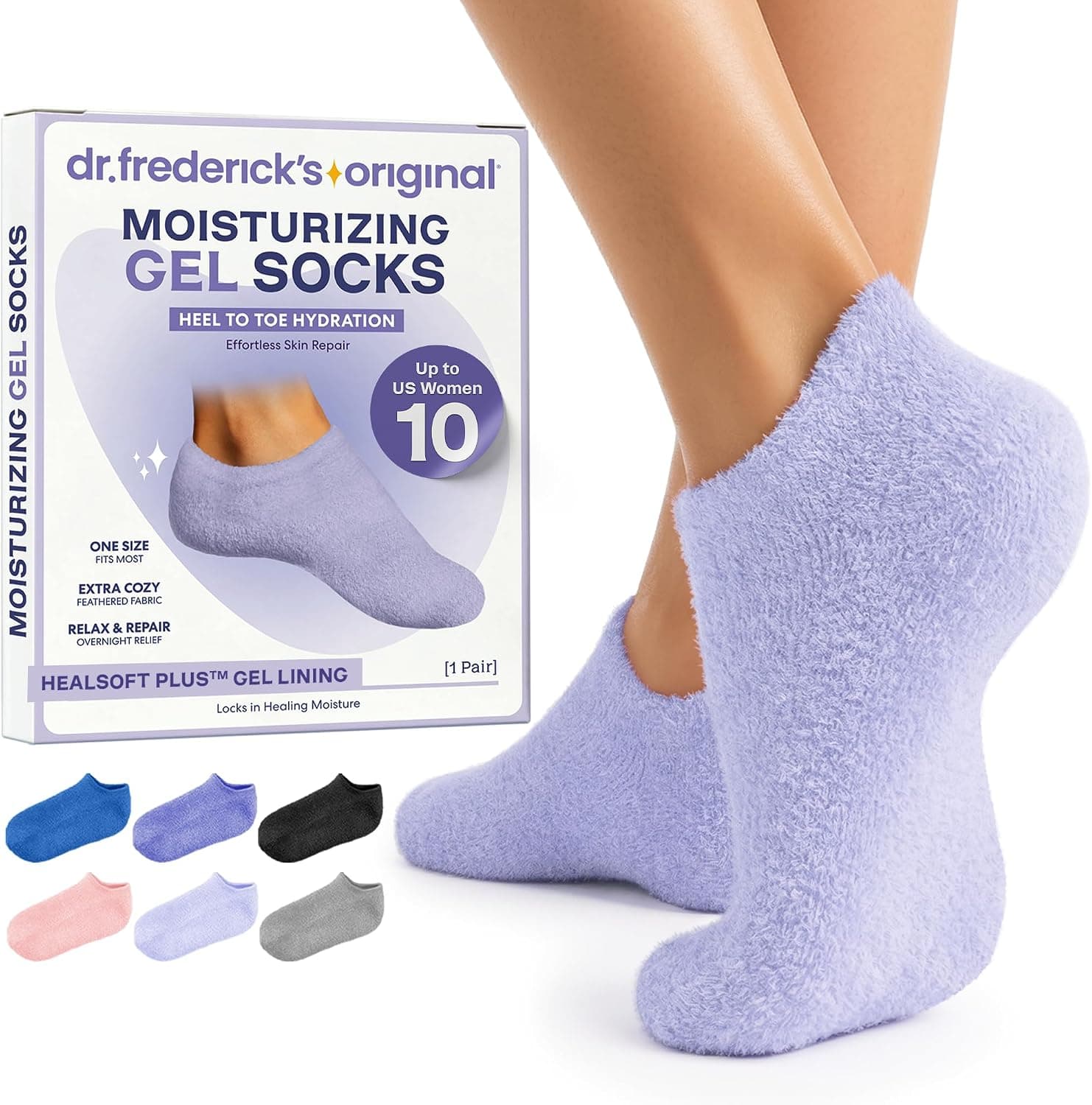 Dr. Frederick's Original Moisturizing Gel Socks, Lilac Leisure, 1 Pair | Full-Foot Gel Lining, Overnight Foot Care, Dry Feet and Cracked Heels, HealSoft Plus Formula, Fuzzy Spa Comfort, Unisex