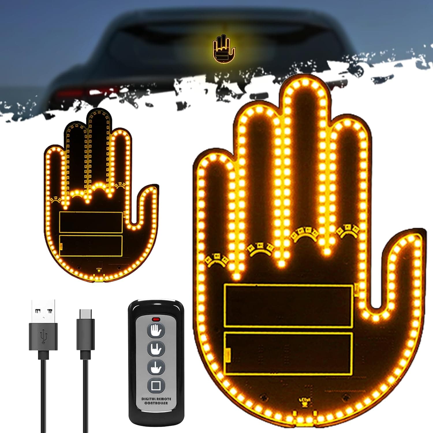 LED Gesture Lights, Rechargeable Ambient Lighting | Remote Control Triple Mode Fun Finger Lights Gesture Lights for Car Road Rage LED Signs Calm Road Rage(Yellow)