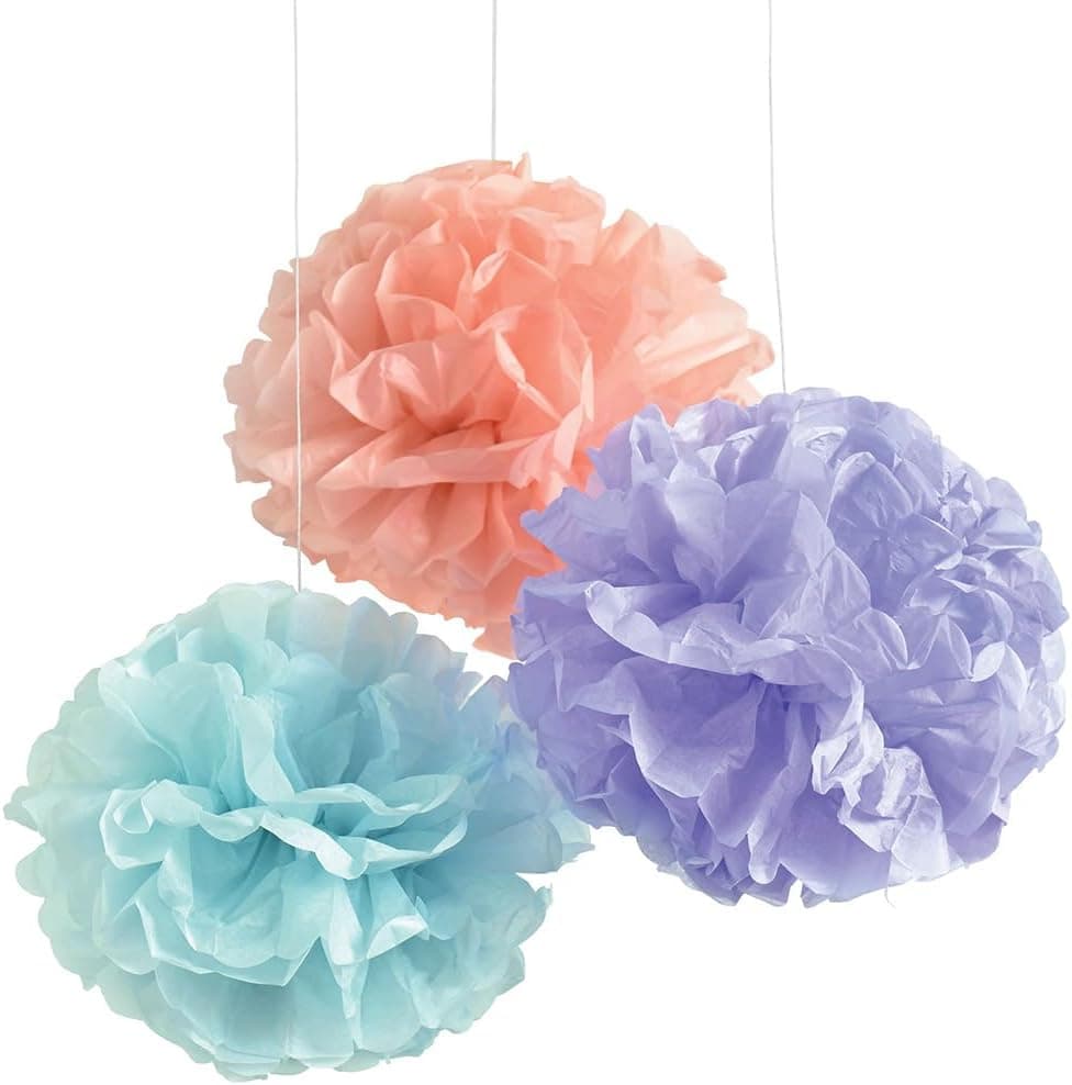 Assorted Pastel Color Fluffy Paper Hanging Decoration (16" Round Edges) 6 Pieces - Blue, Pink & Purple, Perfect for Parties, Weddings & Baby Showers