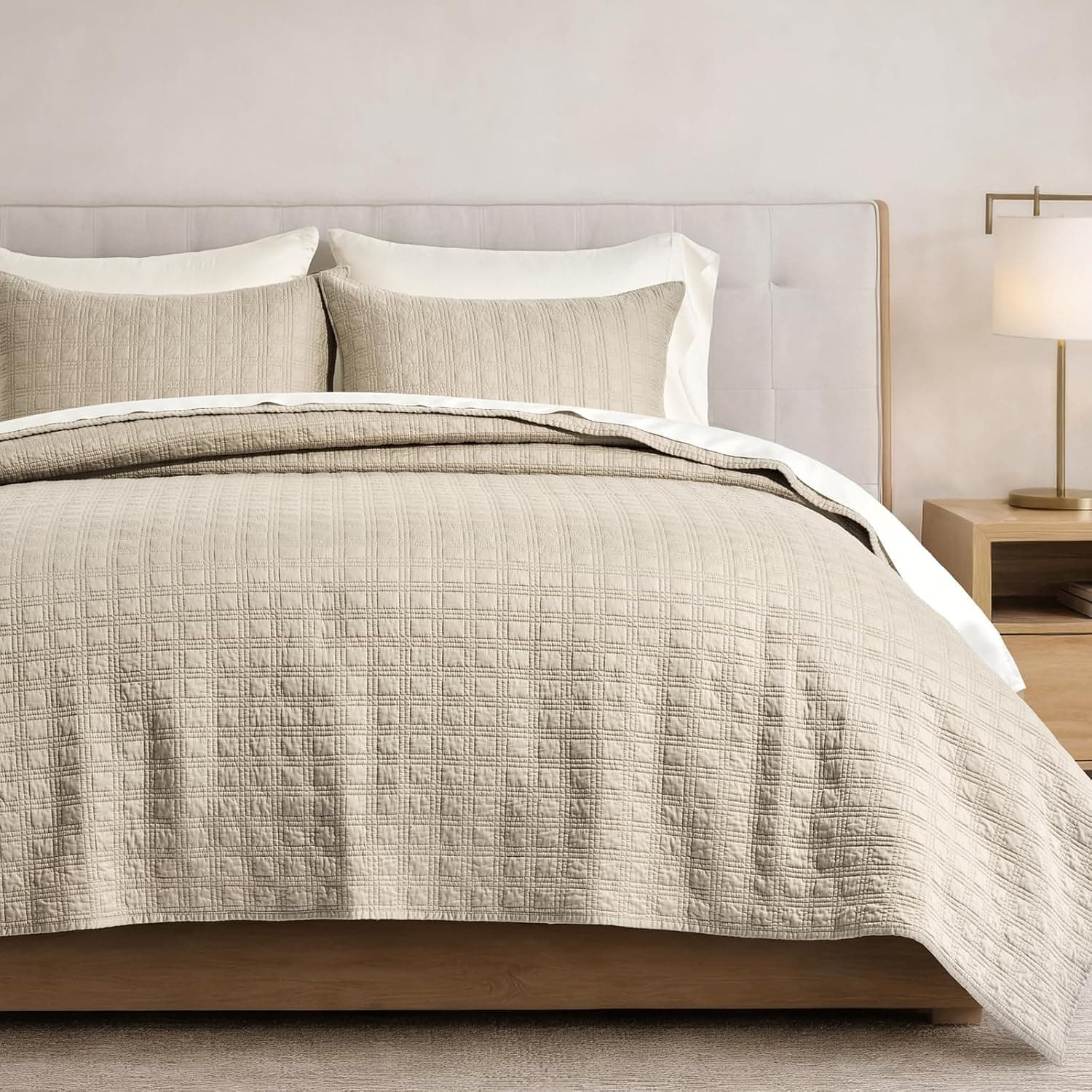 EVERGRACEHOME Cotton Sateen Windowpane Quilt Set Queen Size, Light Taupe | 100% Cotton, Pre-Washed Soft Coverlet Bedspread, 3-Piece Lightweight Bedding Set for All Season, with 2 Pillow Shams