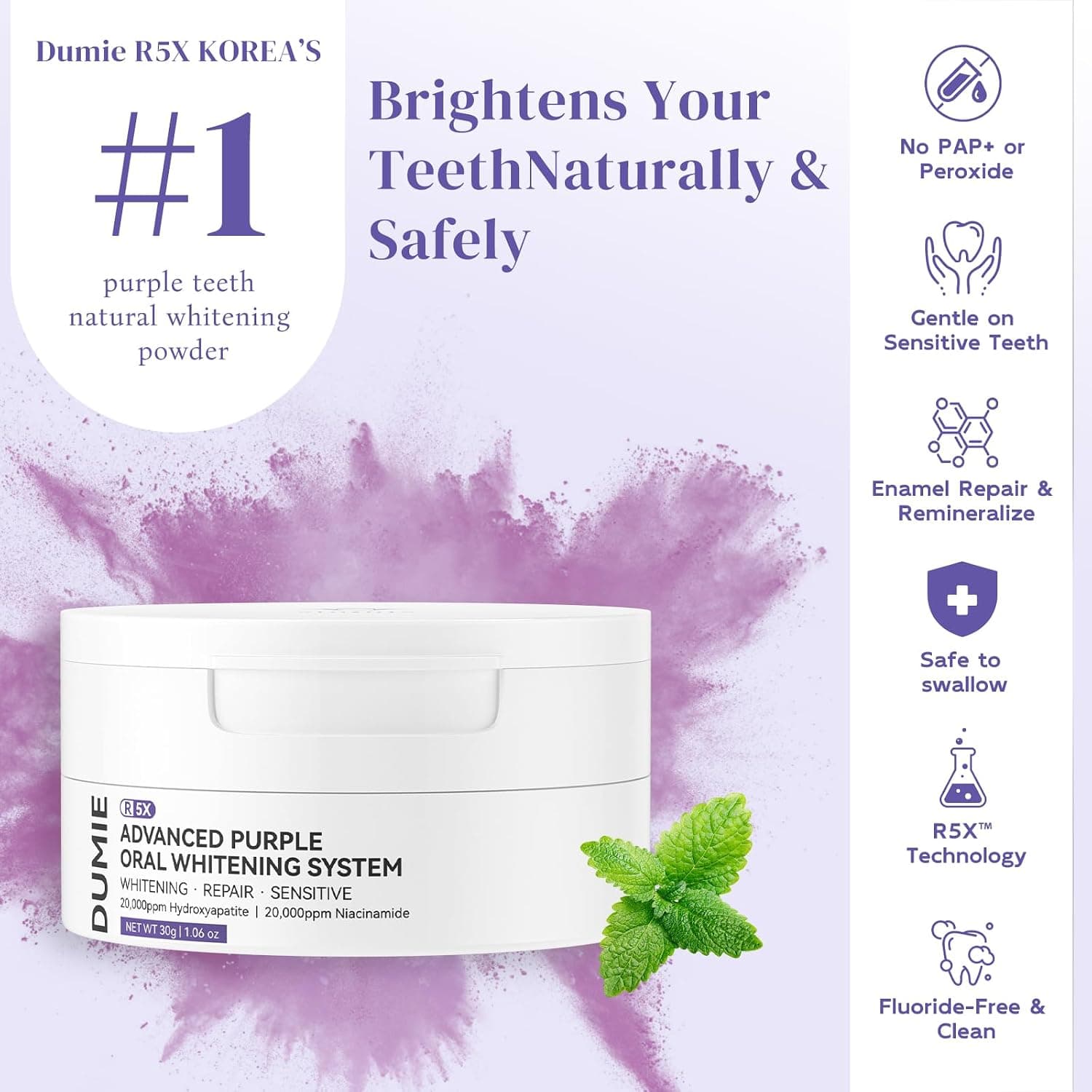 Teeth Whitening Powder, Remineralizing Hydroxyapatite Tooth Powder with Niacinamide,R5X Purple Color Corrector for Instant Brightening, Enamel Repair & Long-Lasting Natural White-30g