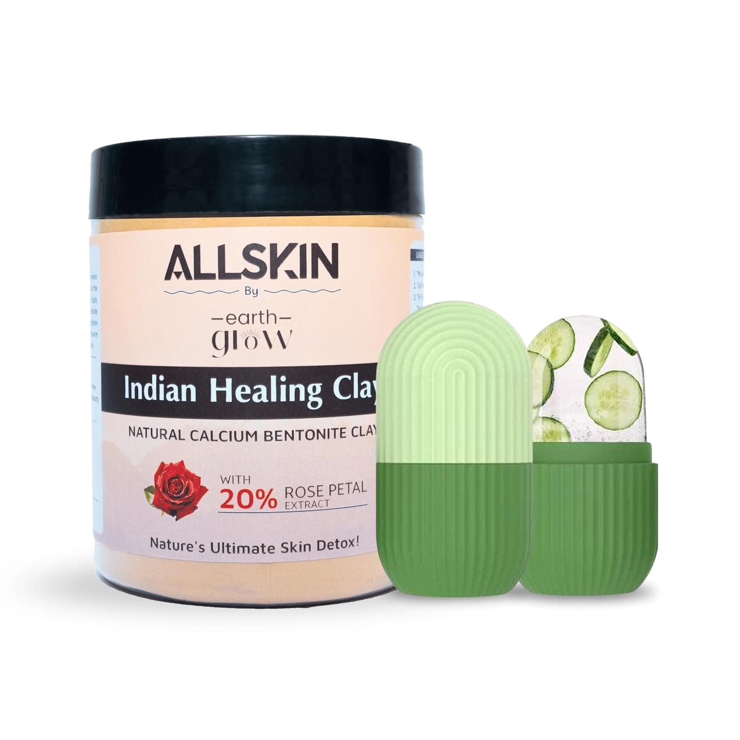 2pcs combo 100% Natural Multani Mitti with 20% Rose Petal Extract with Ice Roller | Fuller's Earth Clay