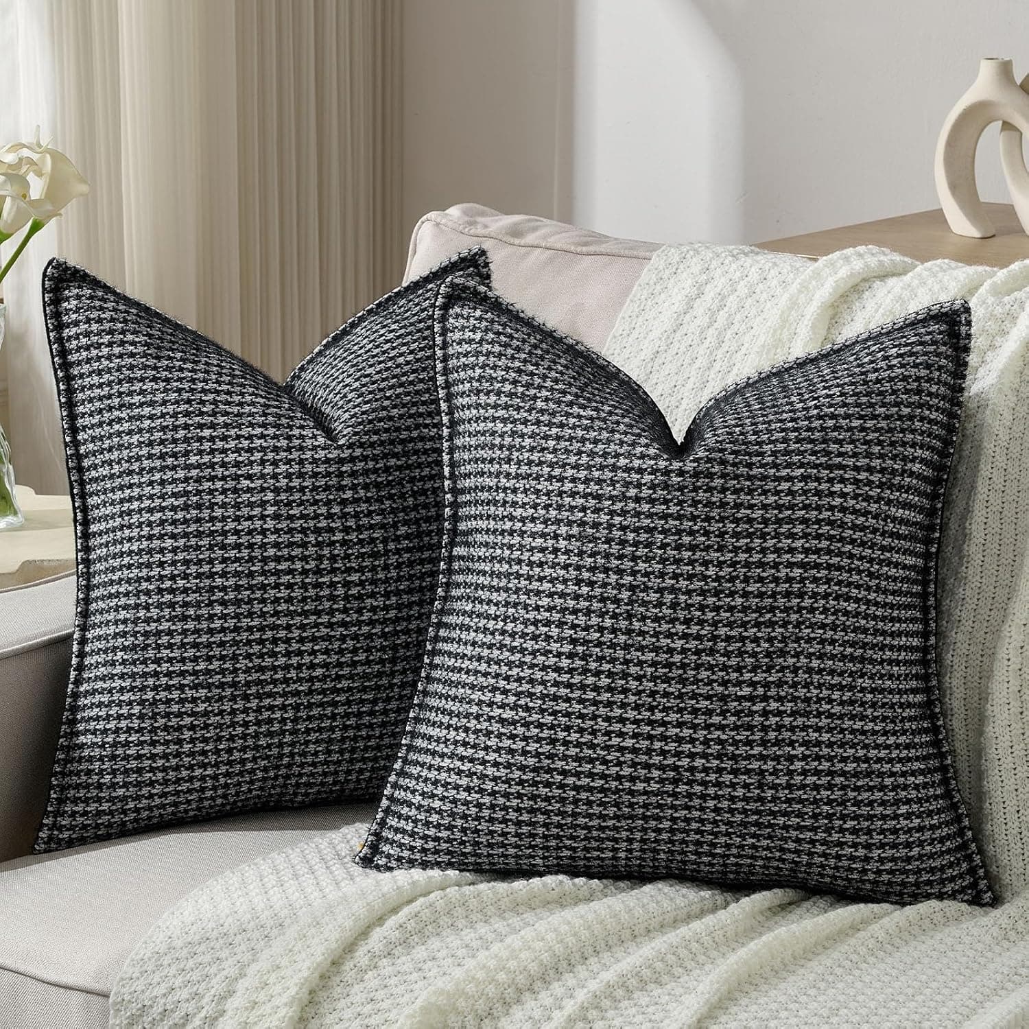FUTEI Pack of 2 Chenille Throw Pillow Covers 20x20 Inch, Black