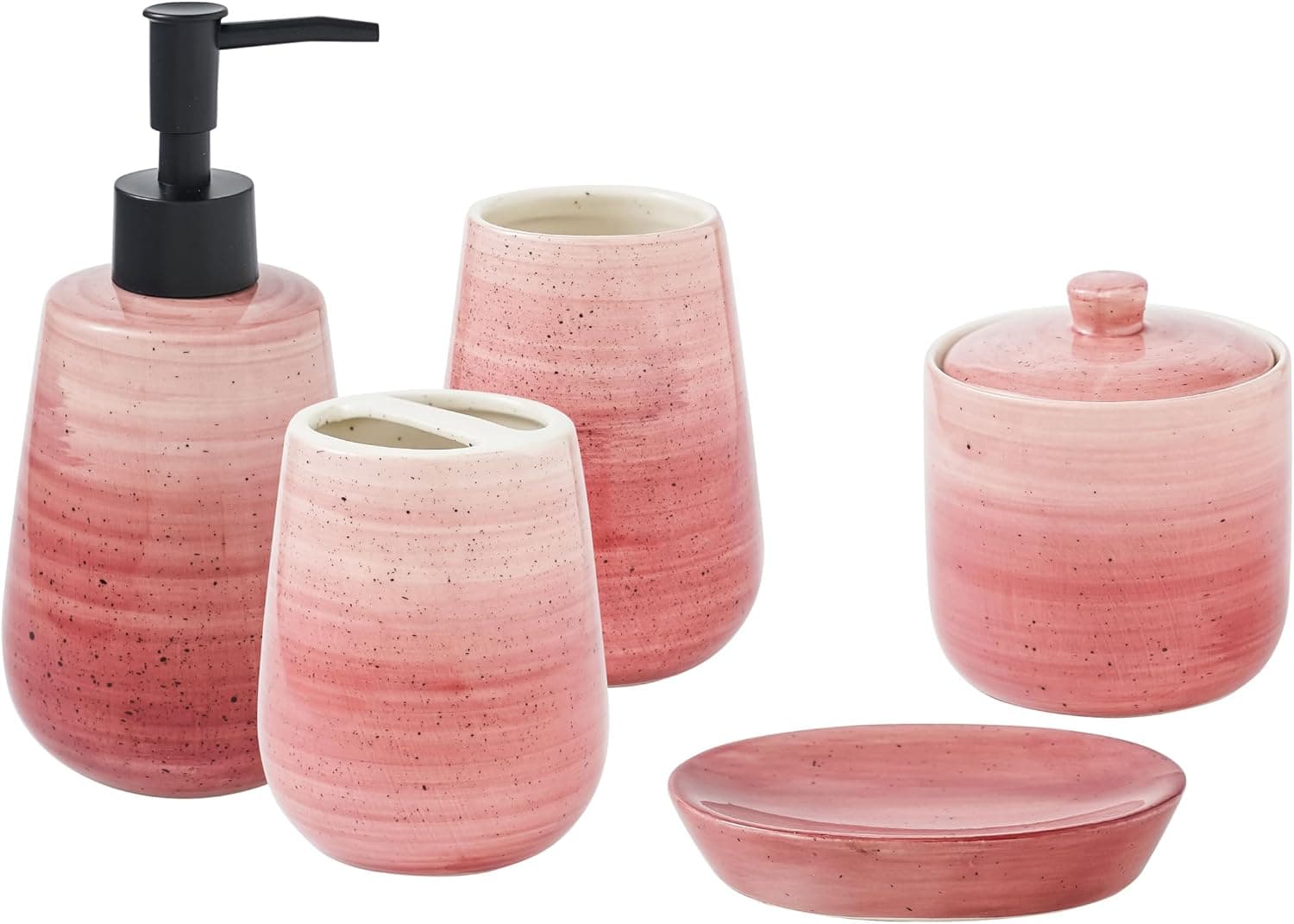 SURU 5 Piece Ceramic Bathroom Basin: Soap Dispenser and Toothbrush Holder Combo with Cotton Jar, Soap Dish and Roller | Dresser Accessory Set (Red)