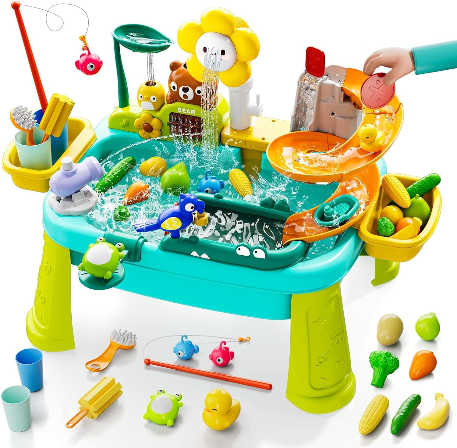 4-in-1 Kids Play Sink with Running Water, Mini Water Table with Detachable Legs, Upgraded Faucet and Dishes,, Kitchen Sensory Set (Blue)