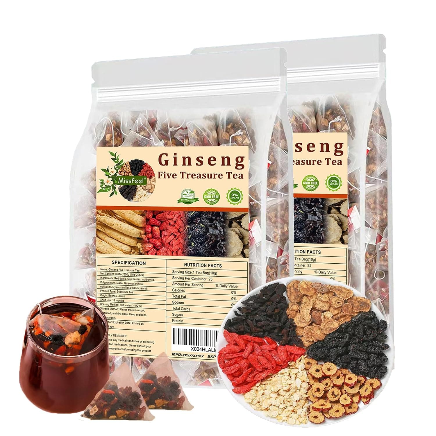 Ginseng Five Treasure Tea, Kidney Tea Formula Ginseng Six Treasure Natural Detox for Men & Women, Traditional Chinese Herbal Tea, 6 Precious Ingredients Formula (2 Bags 50 Pcs)