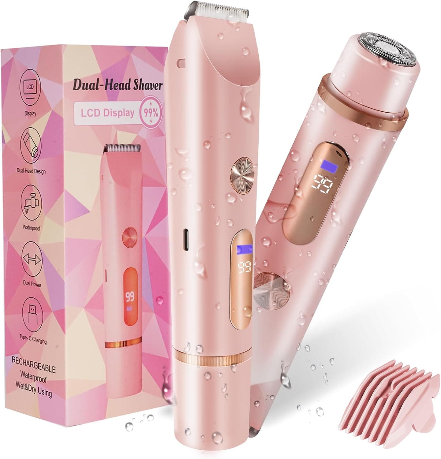Bikini Trimmer for Women 2in1 High Power Epilators Hair Removal Waterproof Electric Razors Women's Electric Razor Pubic Hair Trimmer Shaver for Women for Ladies Pubic, Face, Underarms, Legs (Pink)