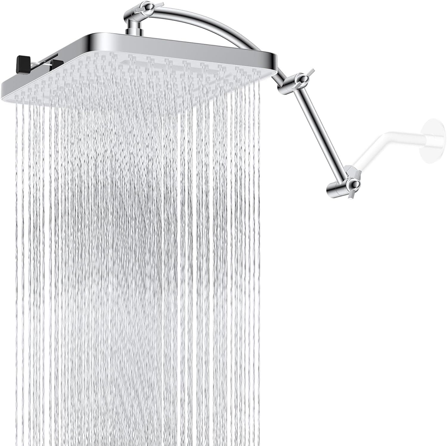 Rain Shower Head, 13'' High Pressure Rainfall Square 5 Spray Mode Showerhead with 16" Shower Head Extension Arm, Solid Brass Adjustable Shower Arm Extender, Waterfall fixed Showerheads, Silver