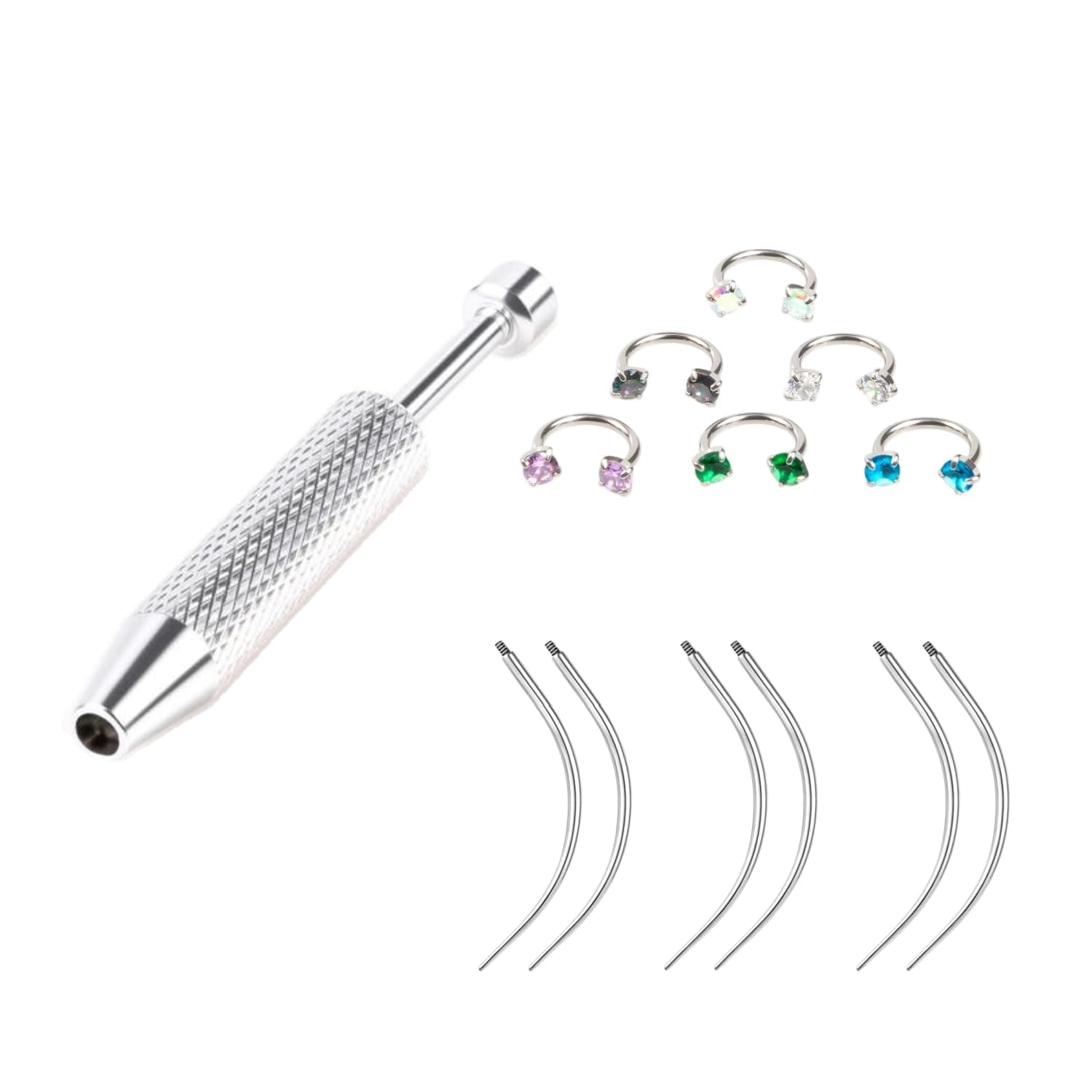 Professional Body Piercing Kit, 16G Curved Barbell Horseshoe Ring with Gemstone Crystal, Rook Eyebrow Lip Septum, 13 Pieces
