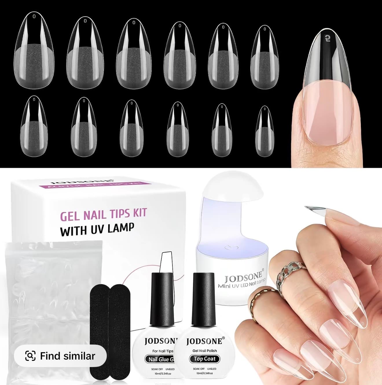 240pcs Gel Nail Tips kit with UV Lamp Top Coat &Nail Glue Gel,7 Sizes Full Cover Pre-file Thicker Strength Acrylic Nail Tips for Easy Wearing, Stiletto Square Short almond