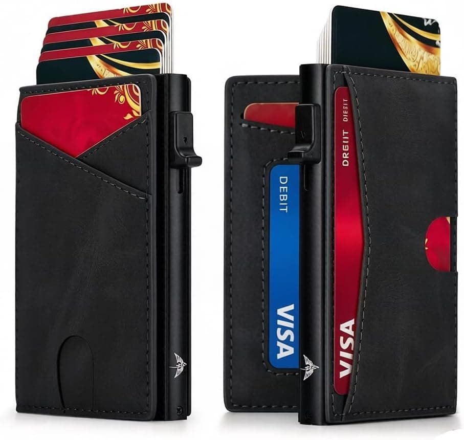 Men's Veg-Tan Leather Card Holder with RFID Blocking,Bifold Minimalist Metal Pop Up Wallet,Magnetic Closure,Black