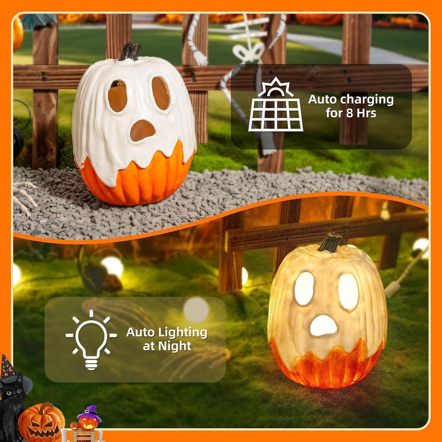 Halloween Decorations - Unique 3 Tiers Stacked Resin Jack-O-Lantern Pumpkin Pathway Solar Lights for Outdoor Garden Yard Porch Front Door (Ghost Pumpkin)