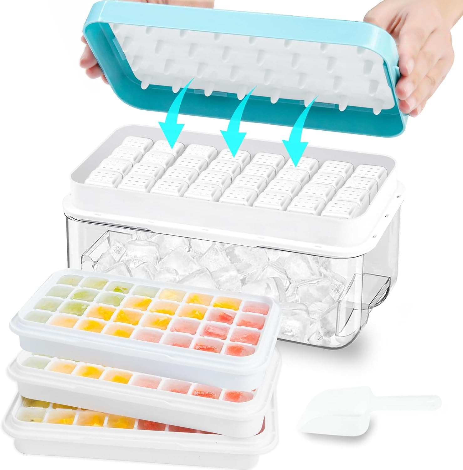 Ice Cube Tray, Ice Tray with Lid and Bin and Ice Scoop, Ice Cube Pop Out Tray, Ice Cube Trays for Freezer, Ice Cube Molds, BPA Free, Easy Release Stackble Spill-Resistant (Blue2 Tier)