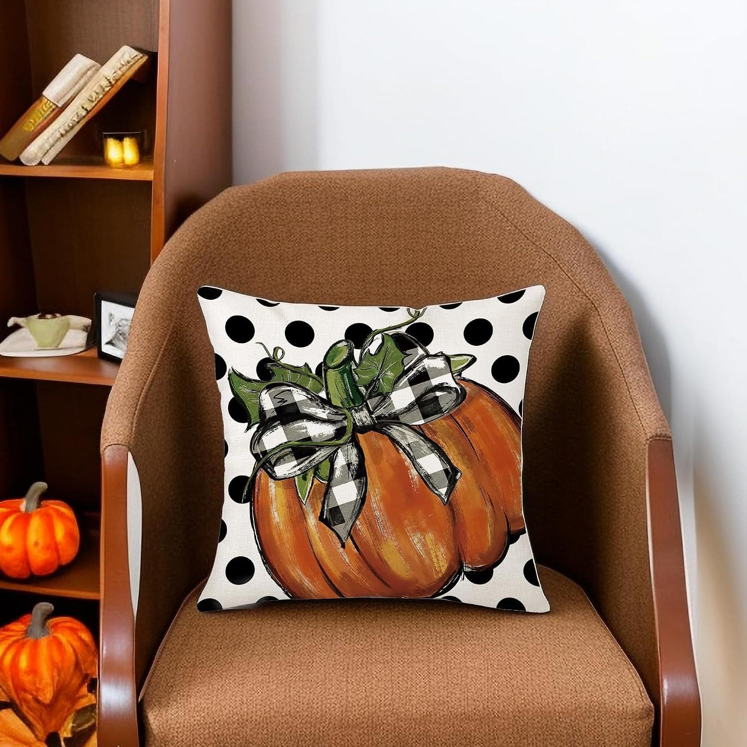Fall Pillow Covers 18x18 Set of 2,Thanksgiving Pumpkin Pillow Covers,Autumn Polka Dots Decorative Throw Pillowcases Linen Cushion Cover for Home Sofa Living Room Farmhouse Couch Decor
